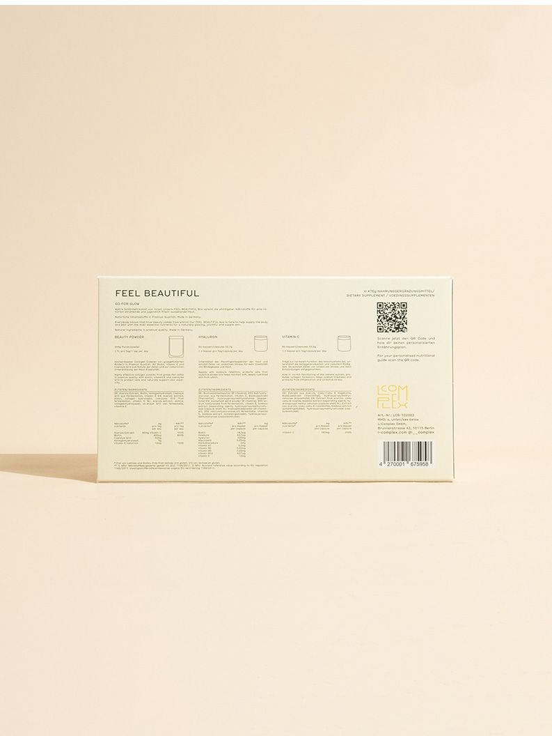 Rückseite einer Produktverpackung mit Informationen und QR-Code. Text: FEEL BEAUTIFUL, L-COMPLEX.