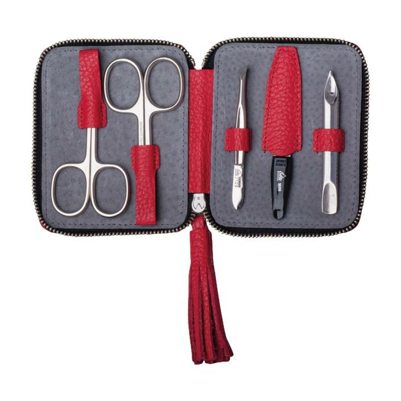 Rotes Maniküre-Etui mit 5 Teilen: Schere, Pinzette, Nagelhautschieber, Nagelfeile und Nagelknipser.