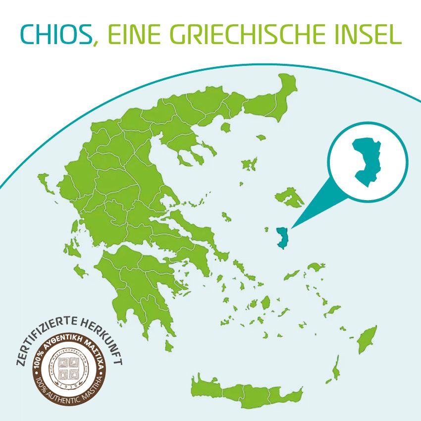 Grüne Karte von Griechenland mit hervorgehobener Insel Chios. Text: Zertifizierte Herkunft. Logo: 100% authentisches Mastix.