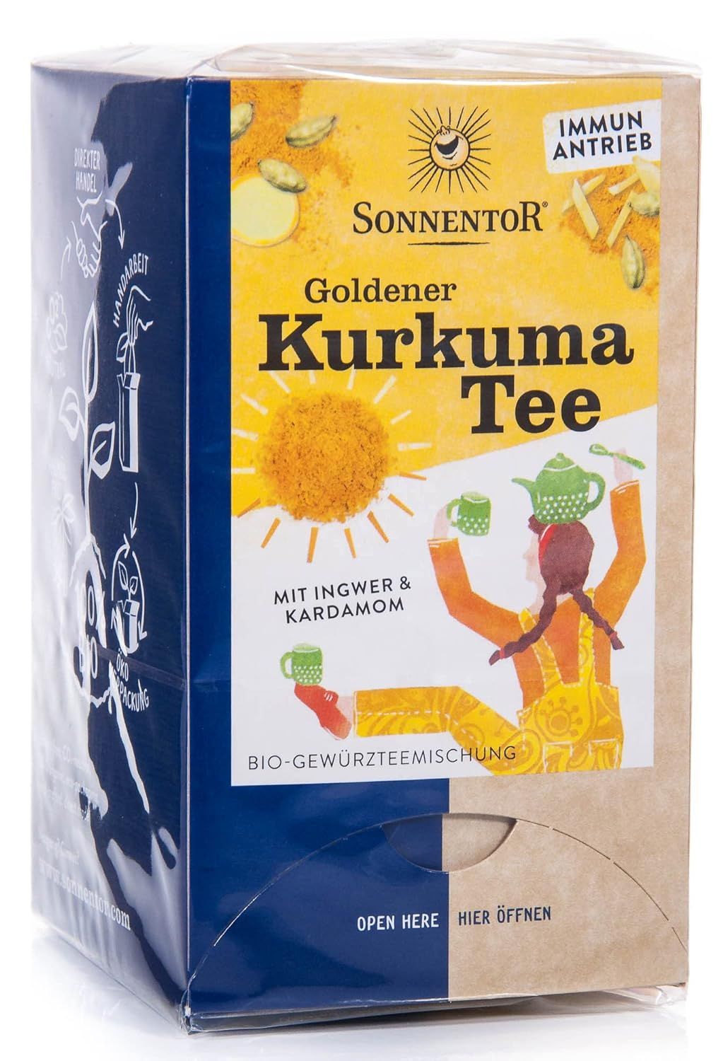 Sonnentor Goldener Kurkuma Tee Packung mit einer Tasse dampfenden Tees und verstreutem Tee.