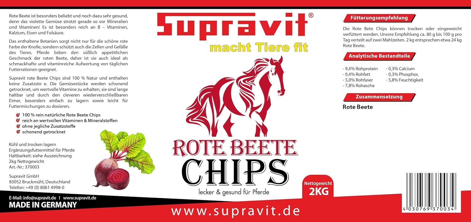 Etikett: Supravit Rote Bete Chips, 2kg. Produktbeschreibung, Inhaltsstoffe, Fütterungsempfehlung, Nährwertangaben.