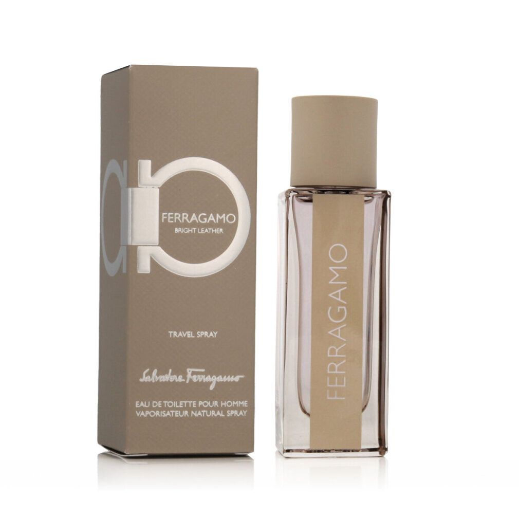 Ferragamo Bright Leather Eau de Toilette Reisestrahler neben der Umverpackung.