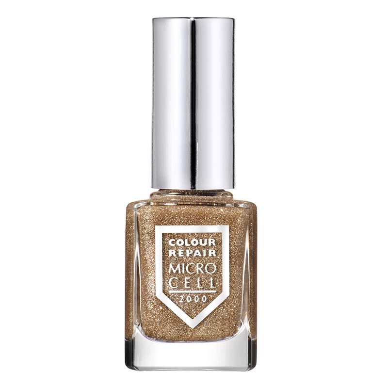 Nagellackflasche mit silbernem Deckel. Der Lack ist goldfarben mit Glitzer. Auf der Vorderseite steht "COLOUR REPAIR MICRO CELL 2000".
