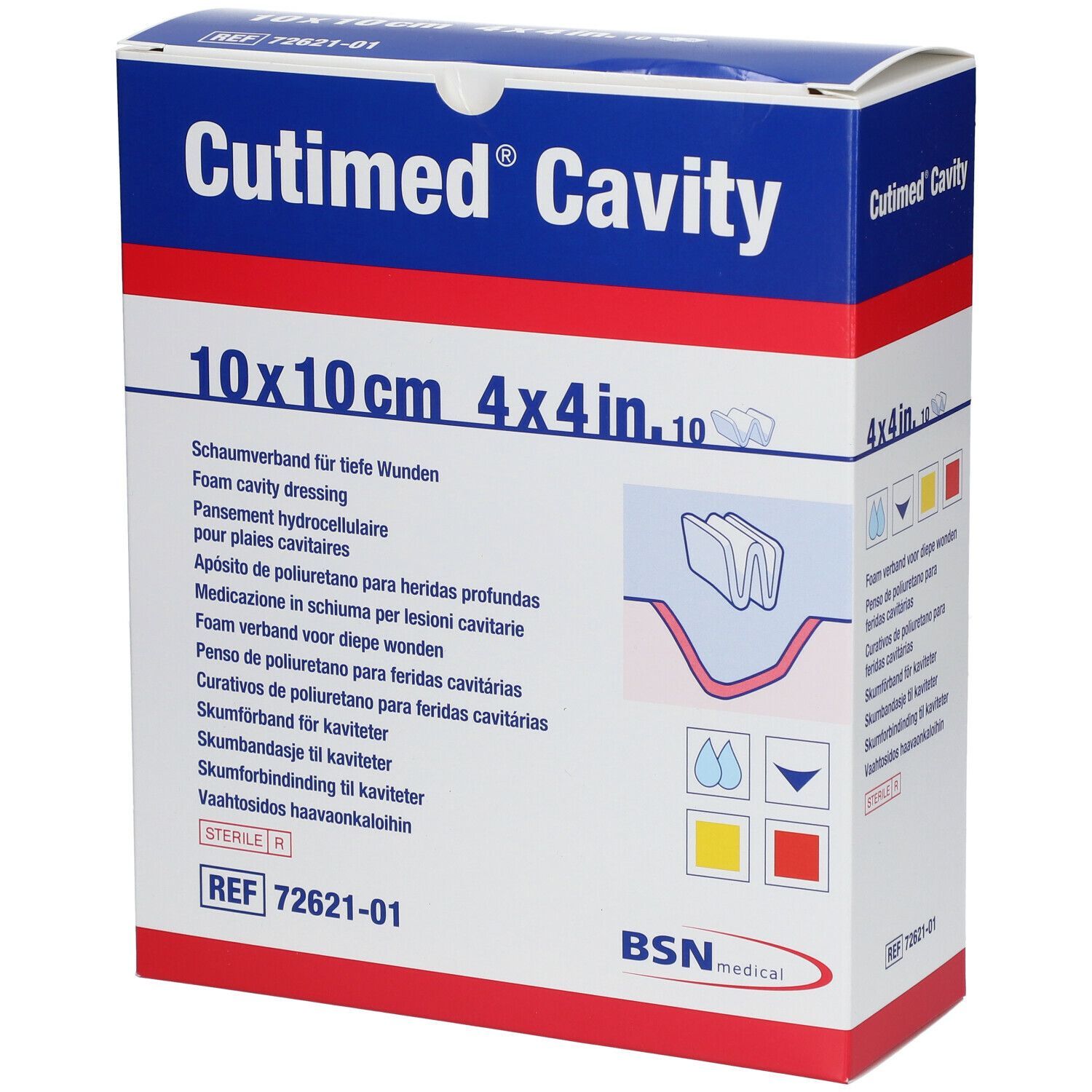 Cutimed® Cavity Verpackung, 10x10cm. Schaumverband für tiefe Wunden. BSN medical Logo.