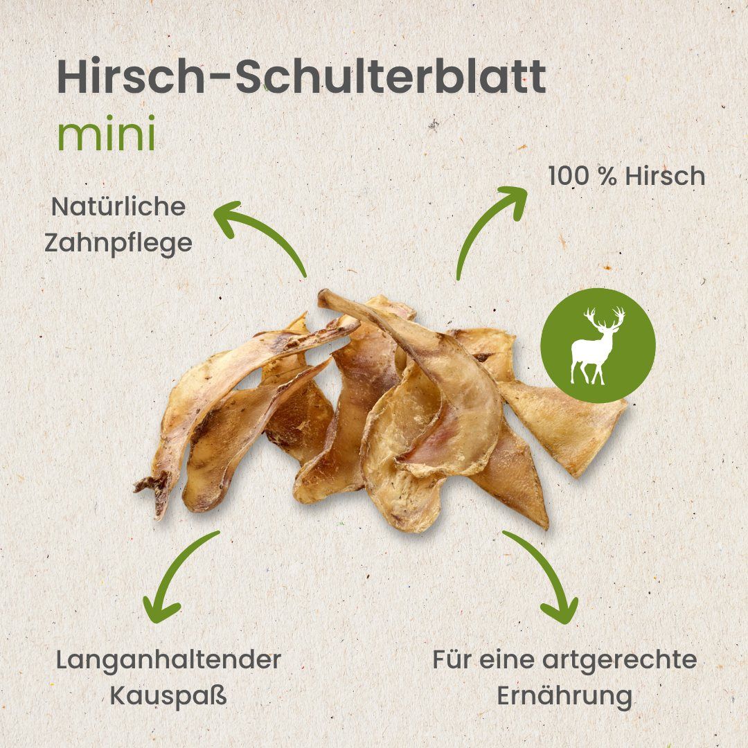 Getrocknete Hirsch-Schulterblätter, mini. Langanhaltender Kauspaß, artgerechte Ernährung.