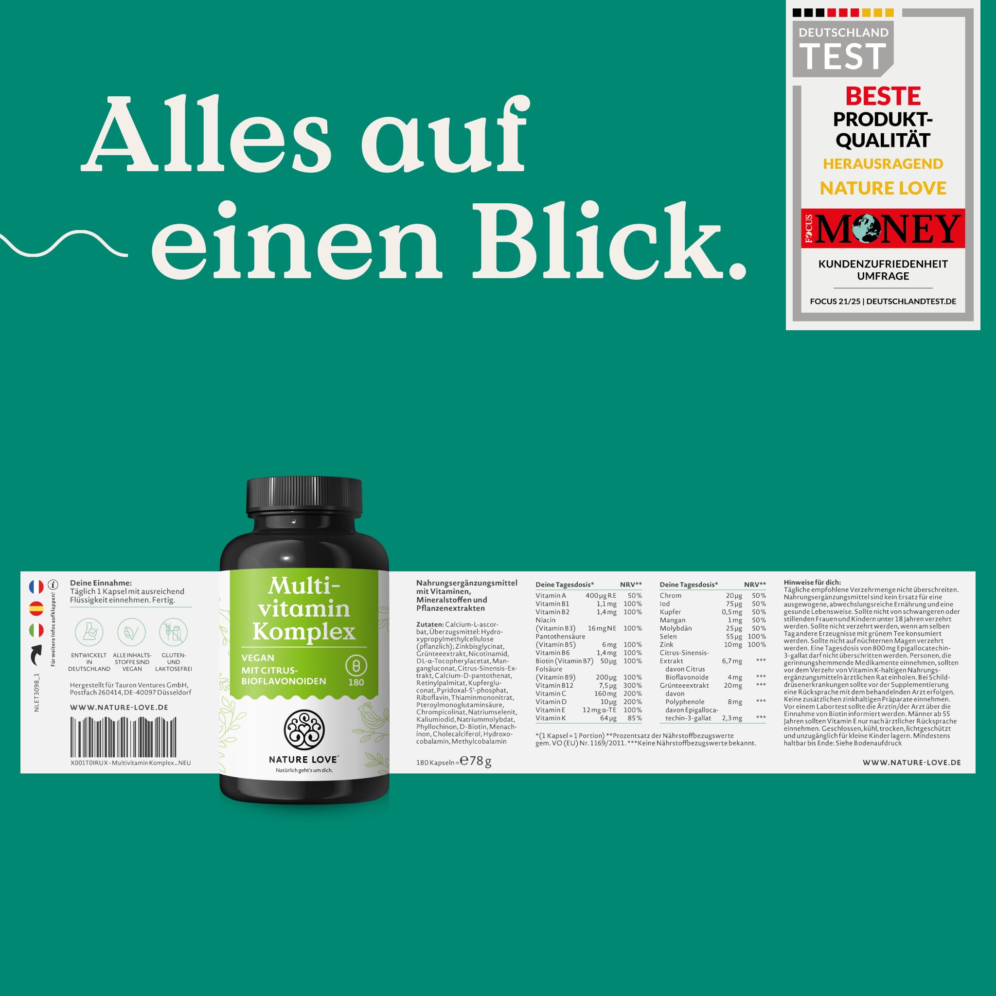 Flasche Multivitamin Komplex, vegan, mit Citrus-Bioflavonoide, 180 Kapseln, mit Siegel 'Deutschland Test'.