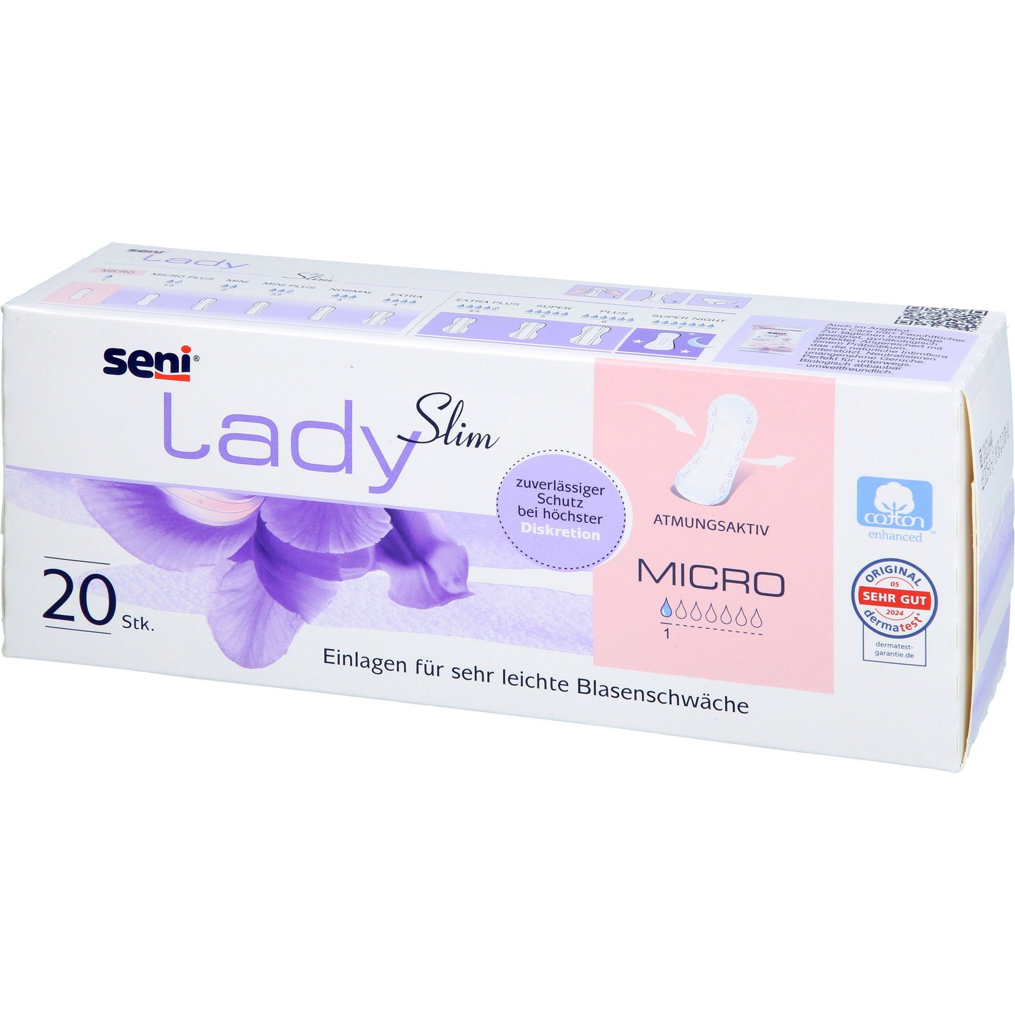 Verpackung von Seni Lady Slim Micro a20. Enthält 20 Stück. Aufdrucke: Seni, Lady Slim, Micro, atmungsaktiv, Baumwolle, Einlagen für leichte Blasenschwäche.