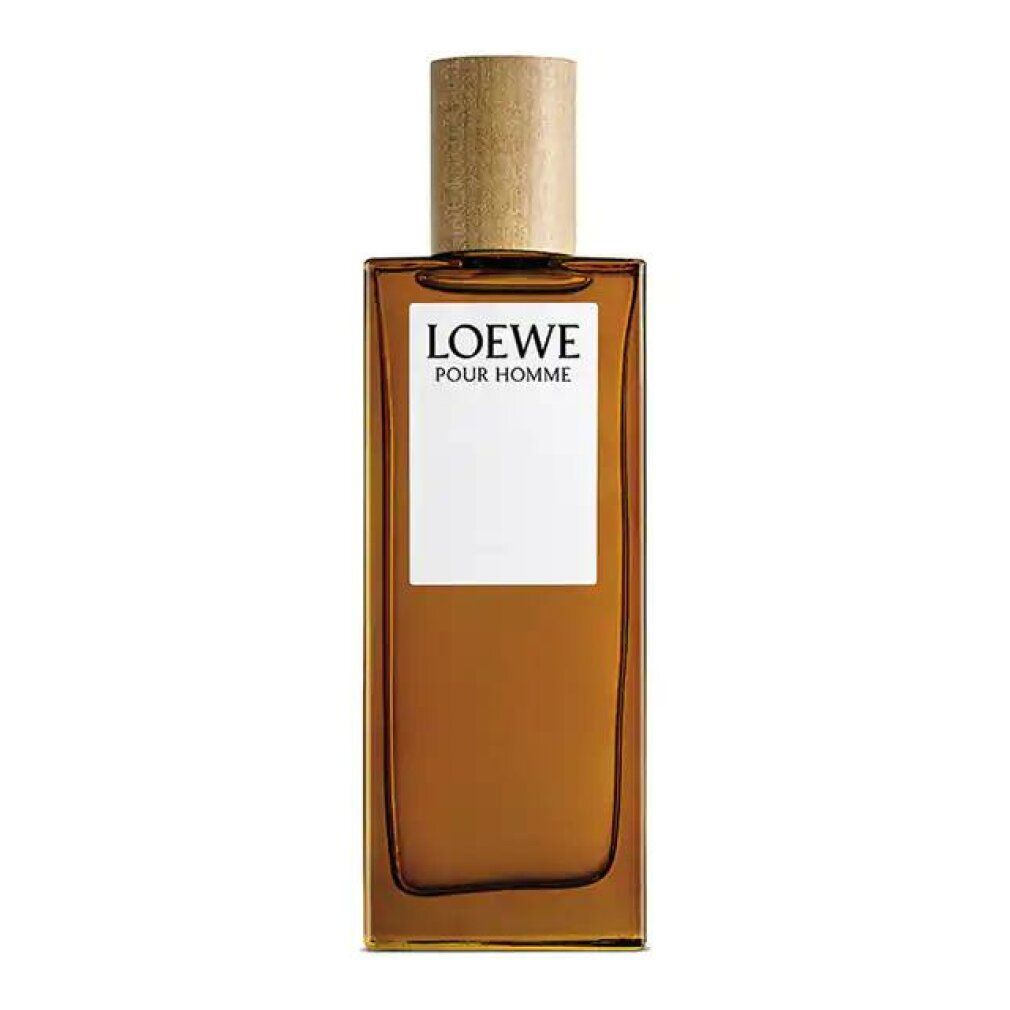Braune Glasflasche mit Holzdeckel und weißem Etikett. Aufschrift: LOEWE POUR HOMME.