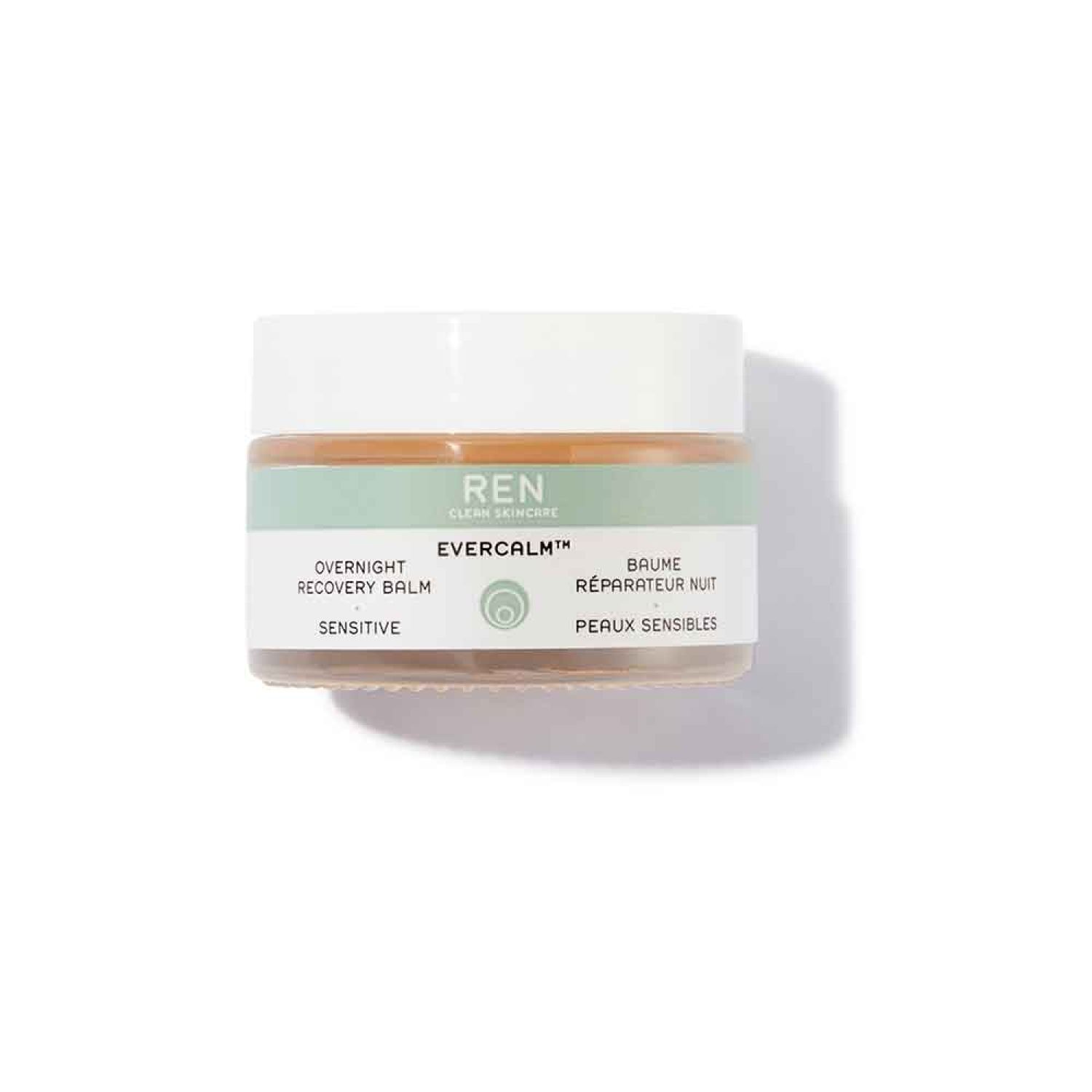 Glasbehälter mit weißem Deckel. Aufschrift: REN CLEAN SKINCARE, EVERCALM, Overnight Recovery Balm, Sensitive. Mintfarbenes Band.