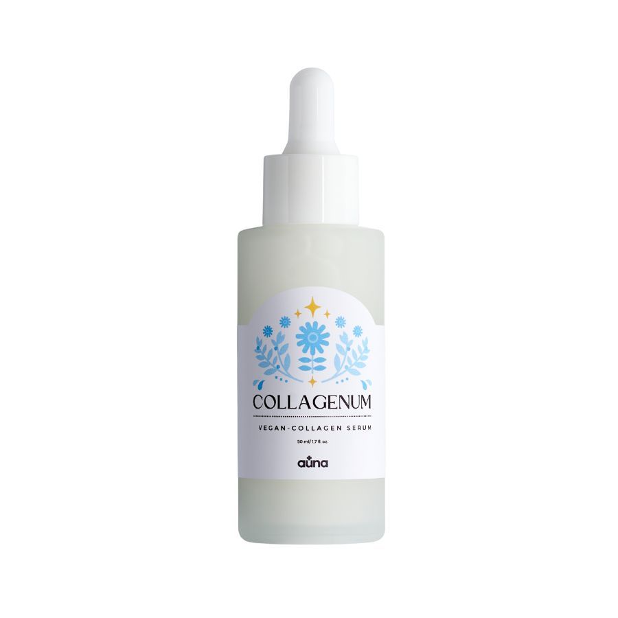 Auna Vegan Serum. Flasche mit Pipette. Etikett mit "COLLAGENUM" und "vegan collagen serum".