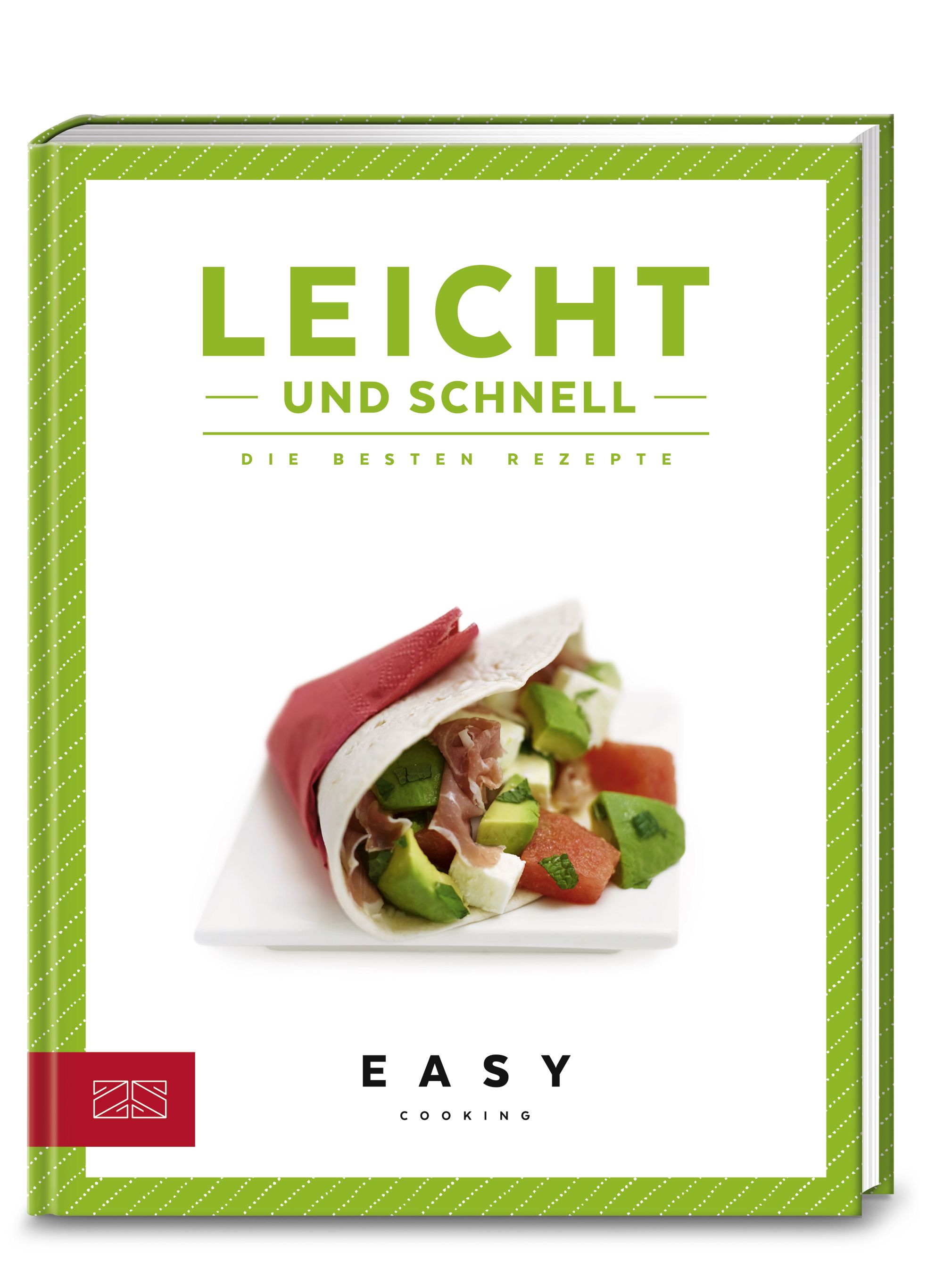 Buchcover mit grünem Rahmen. Titel: LEICHT UND SCHNELL. Untertitel: DIE BESTEN REZEPTE. Abbildung: Wrap mit Avocado und Tomaten.