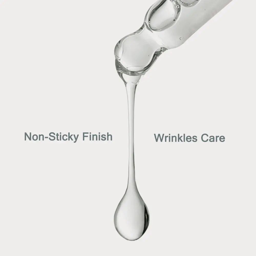 Nahaufnahme einer Pipette mit Tropfen. Text: Nicht-klebriges Finish, Faltenpflege.