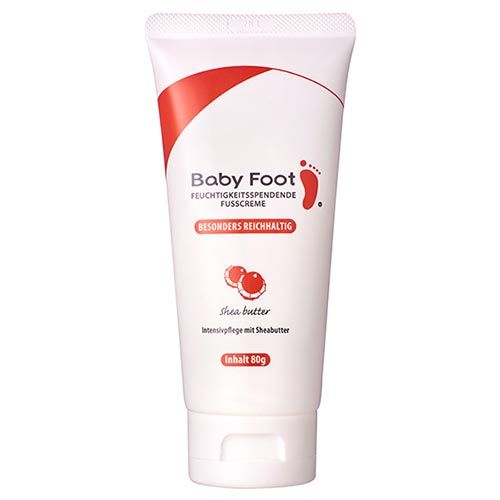 Weiße Tube mit rotem Akzent. Aufschrift: Baby Foot, Fußcreme, besonders reichhaltig. Mit Shea Butter. Inhalt 80g.