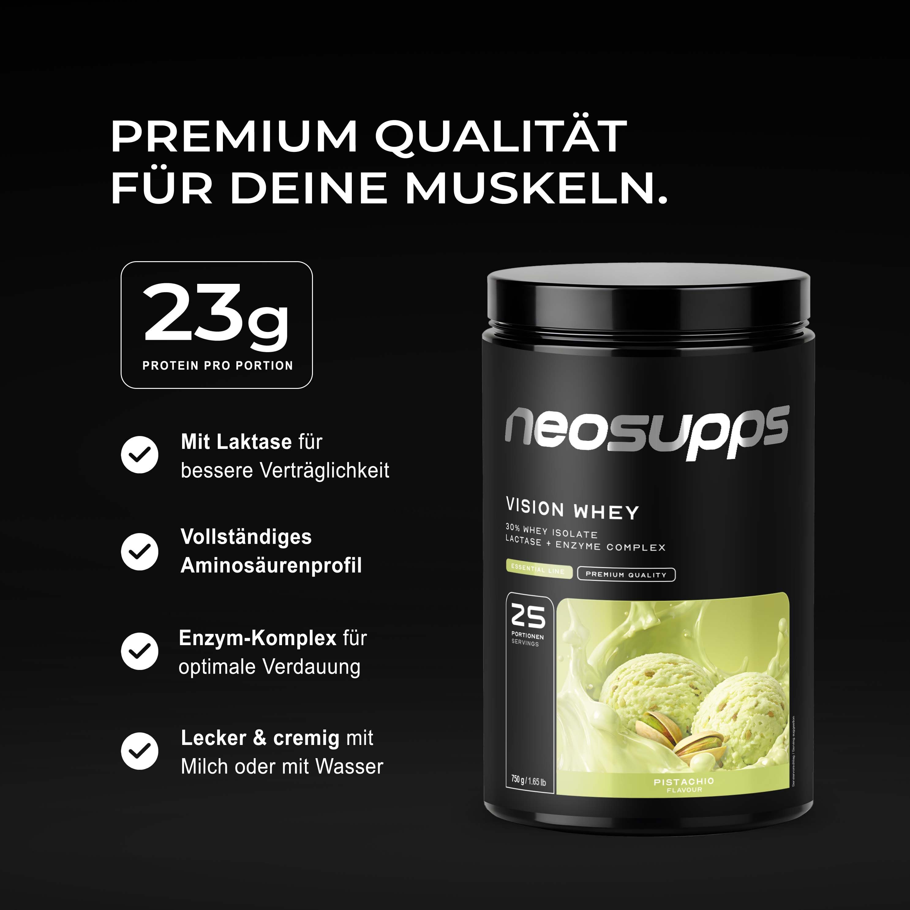 Neosupps Vision Whey Protein, Pistazie. Behälter mit Text über Muskeln, 23g Protein und Vorteilen. Made in Germany.