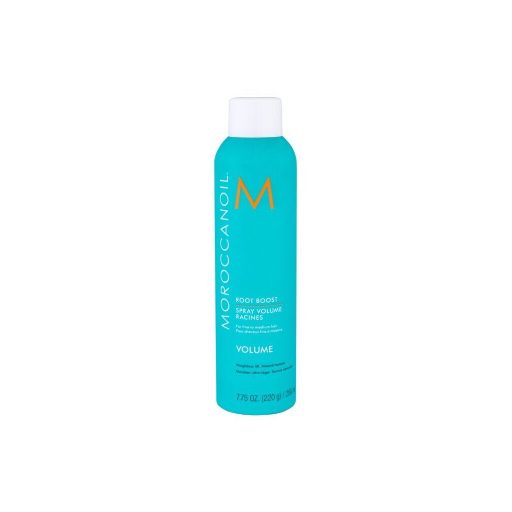 Türkisblaue Sprühflasche mit weißem Deckel. Aufschrift: Moroccanoil, Root Boost, Spray Volume, Racines, Volume. Orangefarbenes M-Logo.