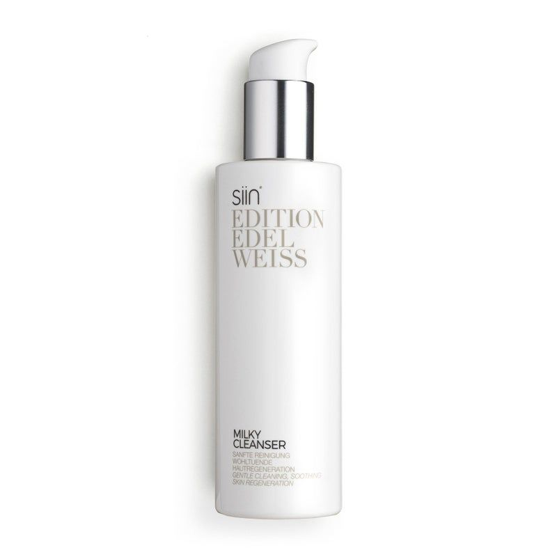 Weiße Flasche mit silbernem Pumpkopf. Aufschrift: siin EDITION EDELWEISS MILKY CLEANSER.