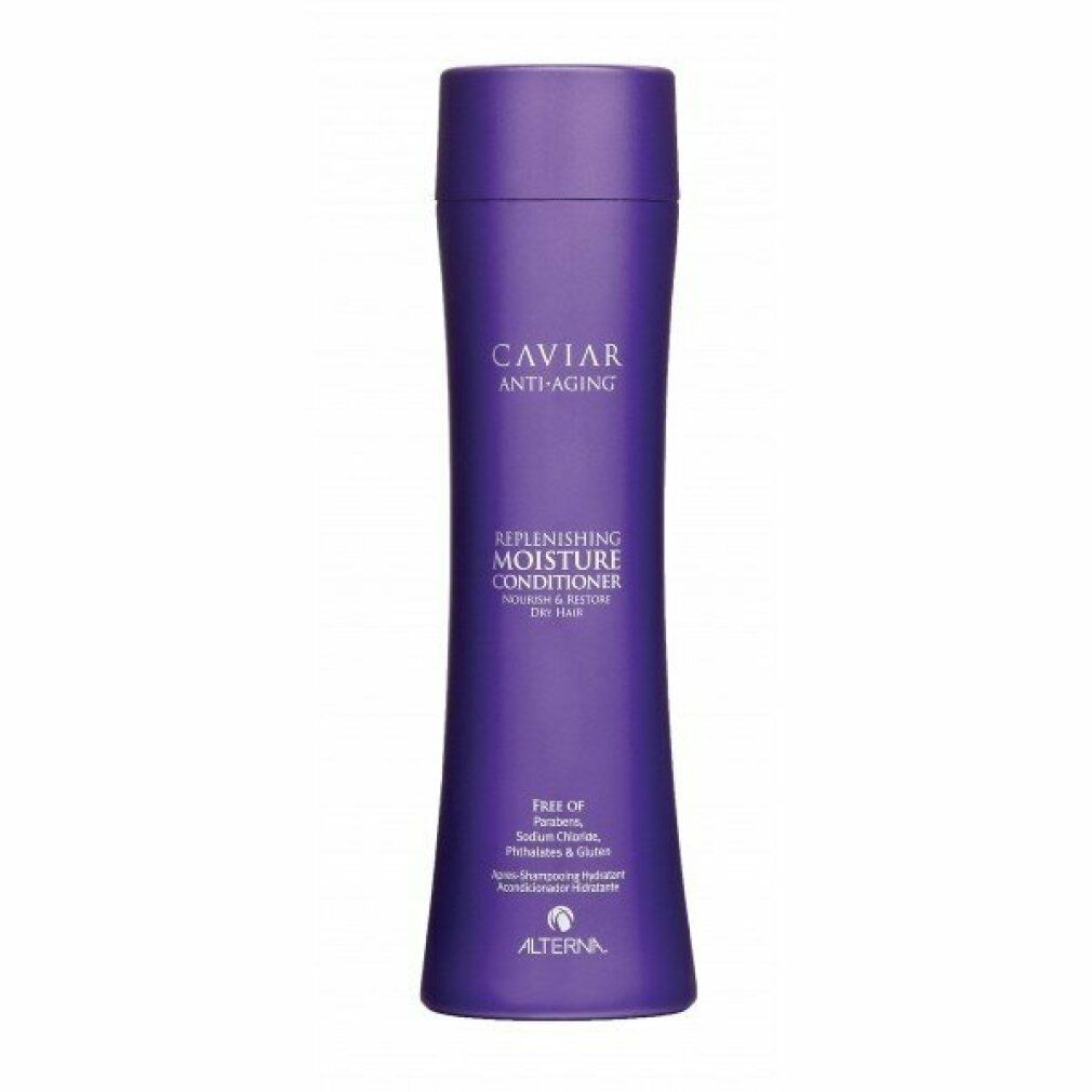 Violette Flasche mit weißer Schrift. Enthält Caviar Anti-Aging Replenishing Moisture Conditioner. Alterna-Logo unten.
