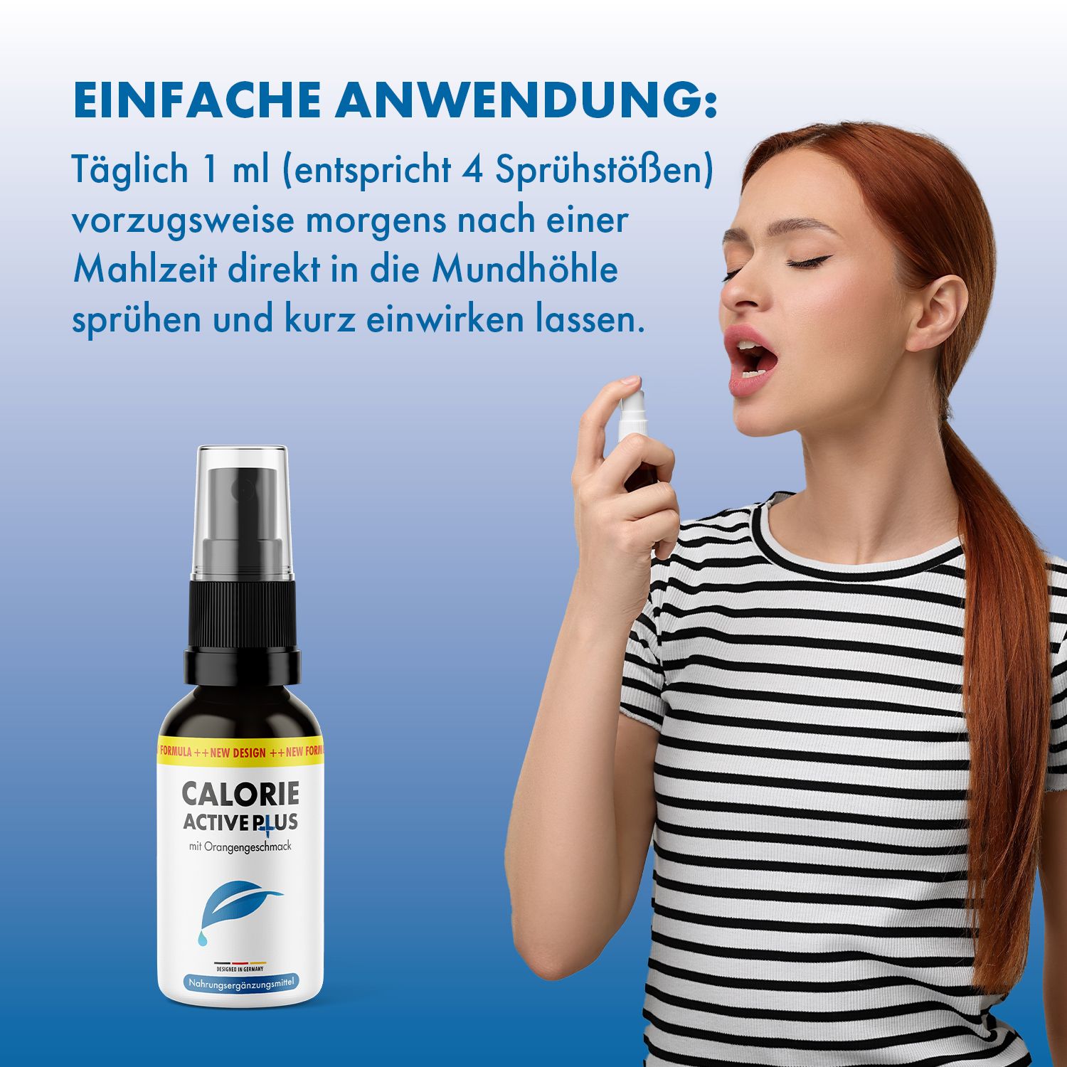 Frau sprüht in den Mund. Braune Sprühflasche mit weißem Etikett. Text: CALORIE ACTIVE PLUS. Schwarzer Sprühkopf. Hintergrund: Text über Anwendung.