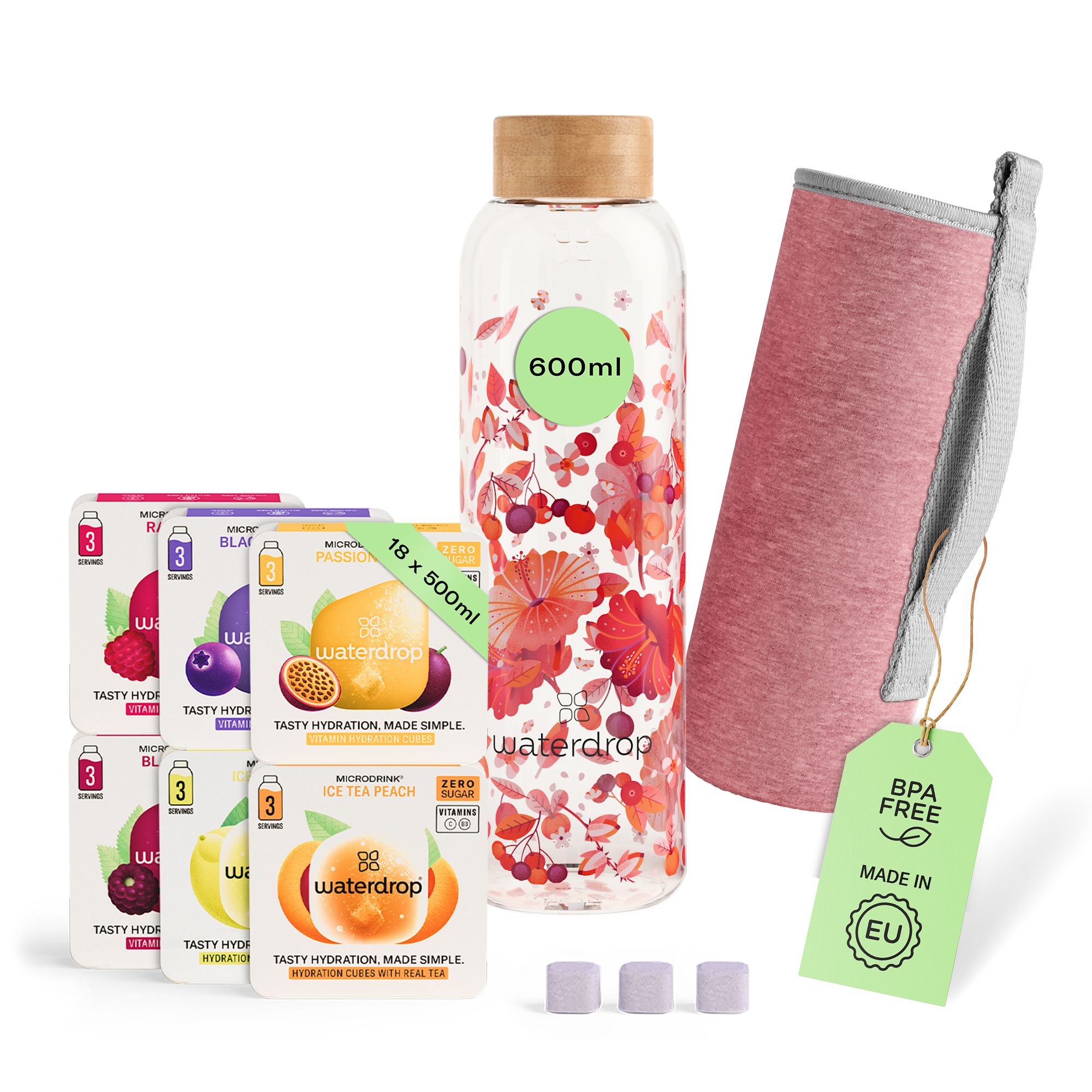 waterdrop® Starter Set Glass – 600ml Glasflasche + 18 Würfel – Vitamine, vegan, zuckerfrei