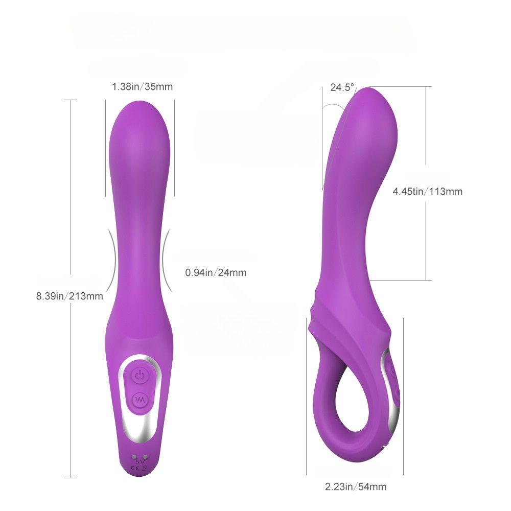 Lila Vibrator mit Maßen. 213mm lang, 54mm breit. Zwei Knöpfe, silberne Akzente. Abmessungen in Zoll/mm.