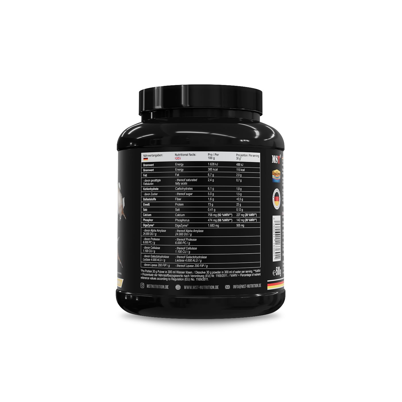 Rückseite eines schwarzen MST Best Whey Protein Behälters mit Nährwertangaben und Zutatenliste.