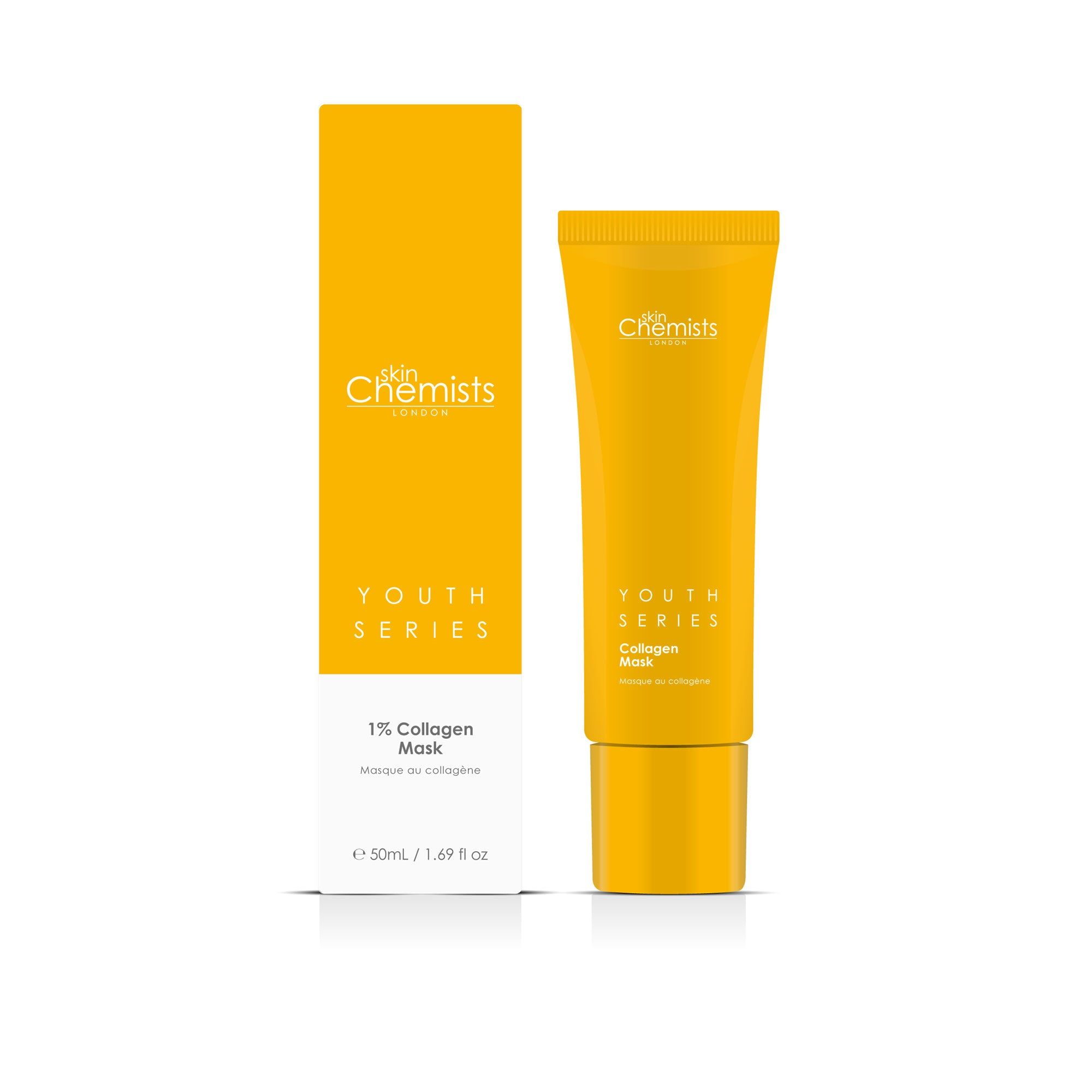 Gelbe Tube und Schachtel mit Schriftzug Youth Series Collagen Mask. Marke SkinChemists. Aufschrift in Englisch.