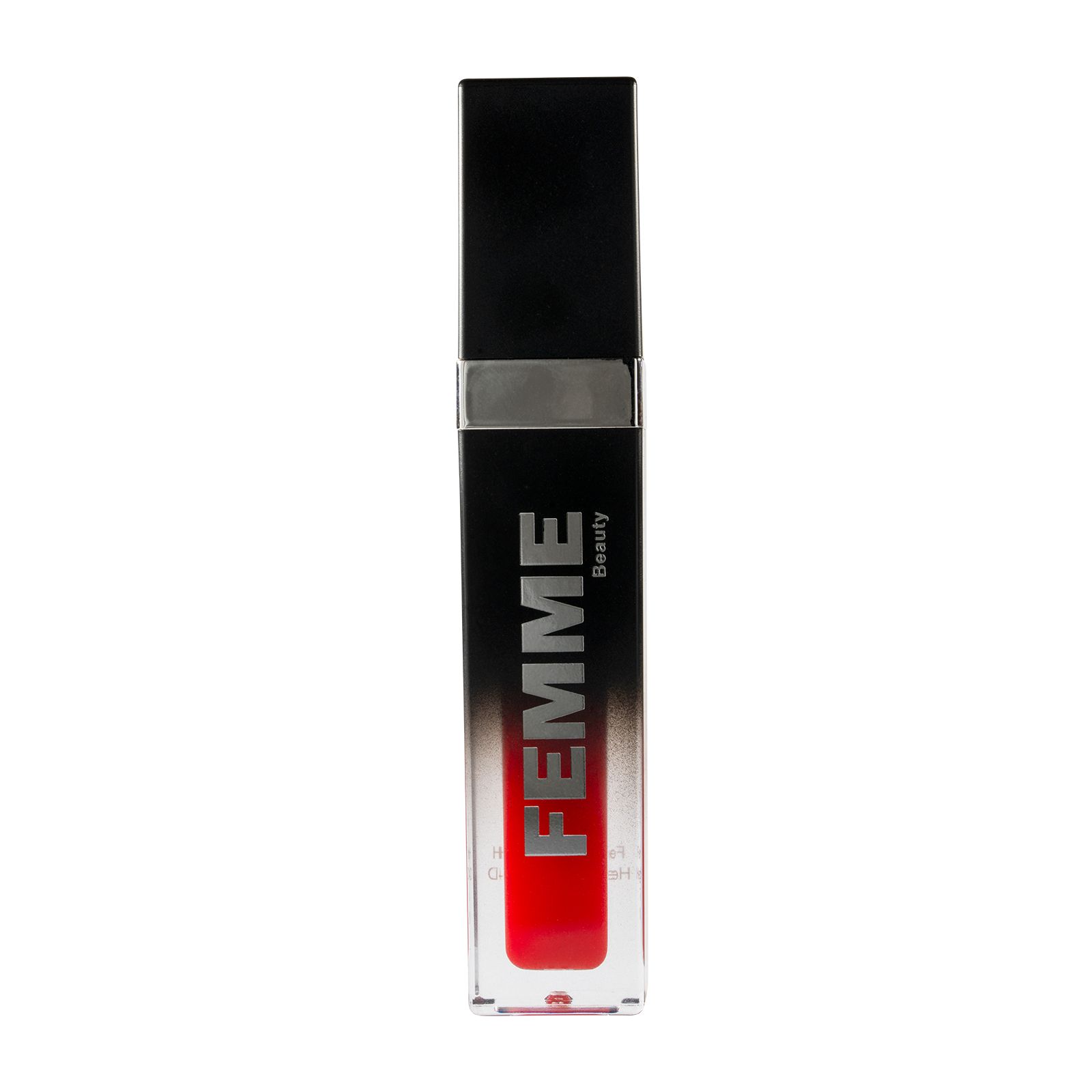 FEMME Beauty Lip Oil in roter Farbe, in durchsichtiger Hülle mit schwarzem Deckel und silbernem Ring.
