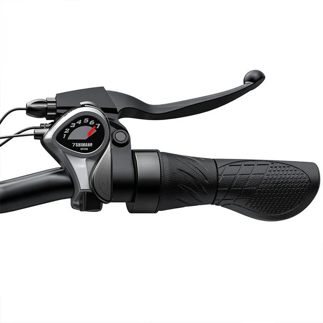Nahaufnahme des Lenkers eines E-Bikes. Sichtbar: Schalthebel, Bremshebel und Griff.