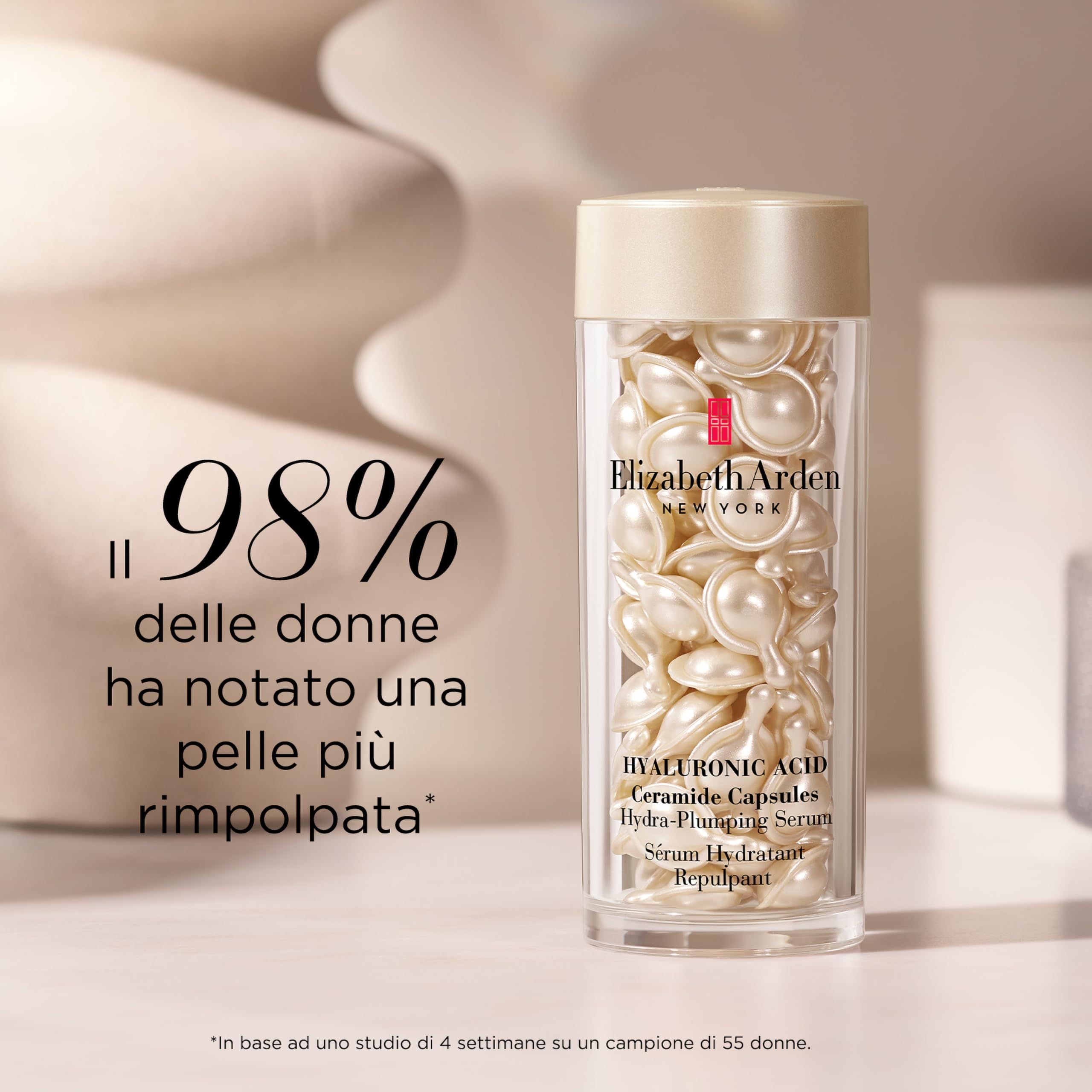 Transparente Flasche mit Kapseln. Text: Elizabeth Arden, Hyaluronsäure Ceramide Kapseln. Text: 98% der Frauen...