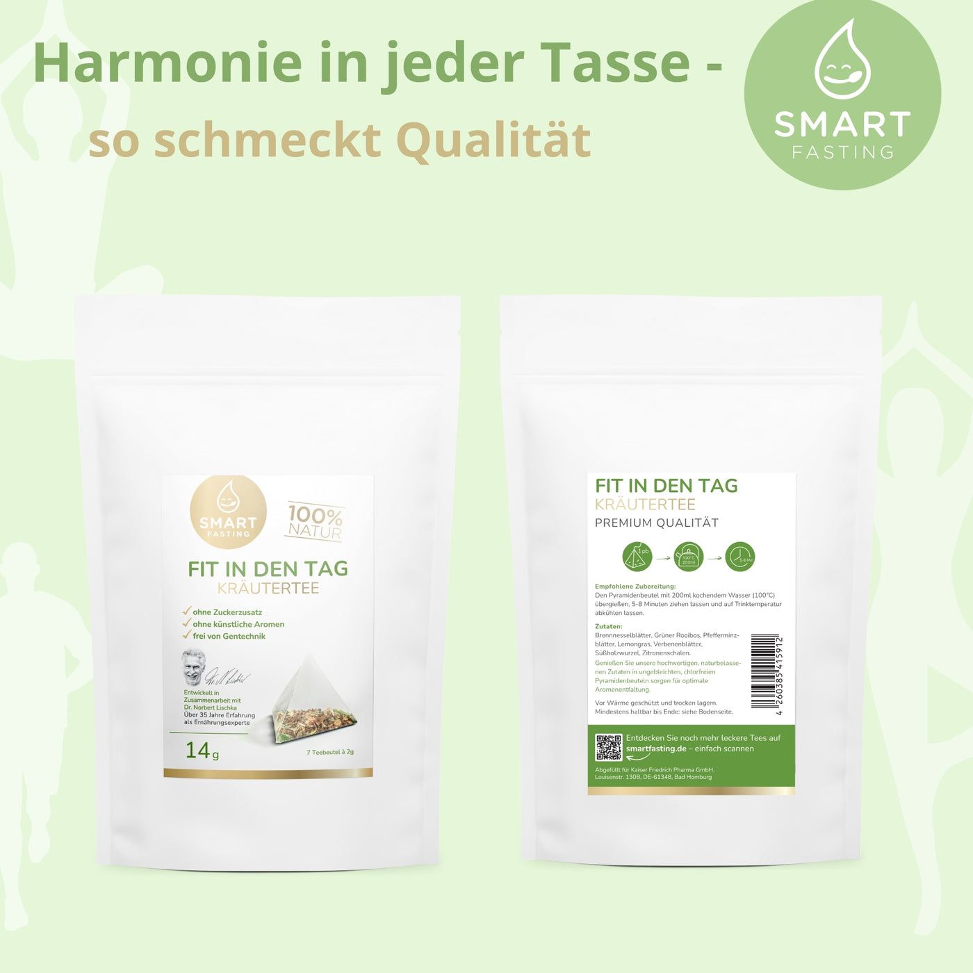 Zwei weiße Beutel mit Kräutertee, Logo Smart Fasting. Text: Fit in den Tag Kräutertee, Premium Qualität, 14g.