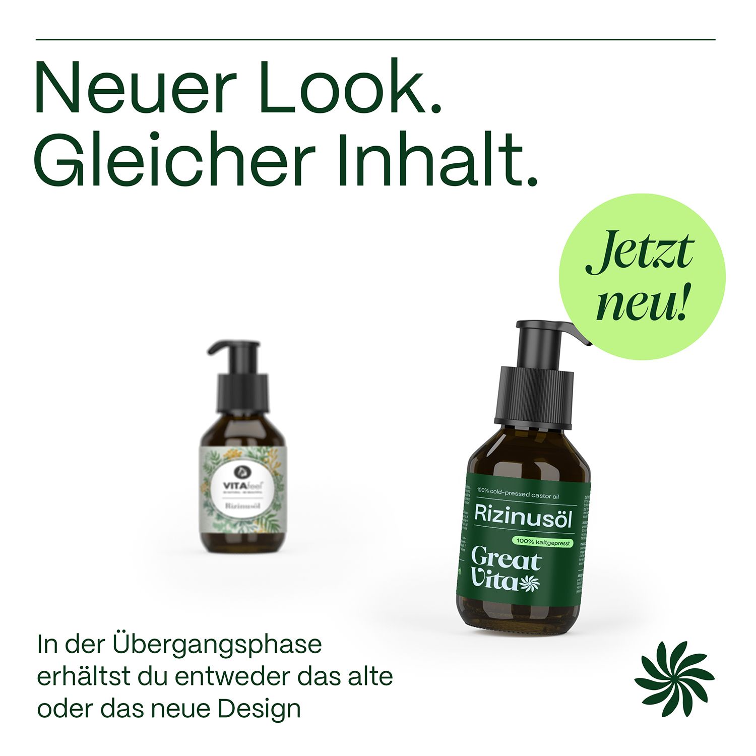 Zwei Flaschen Rizinusöl. Links: altes Design. Rechts: neues Design. Text: Neuer Look. Gleicher Inhalt.