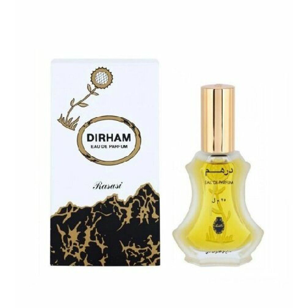 Parfümflakon mit goldener Kappe und Karton. Aufschrift: Dirham Eau de Parfum, Rasasi.