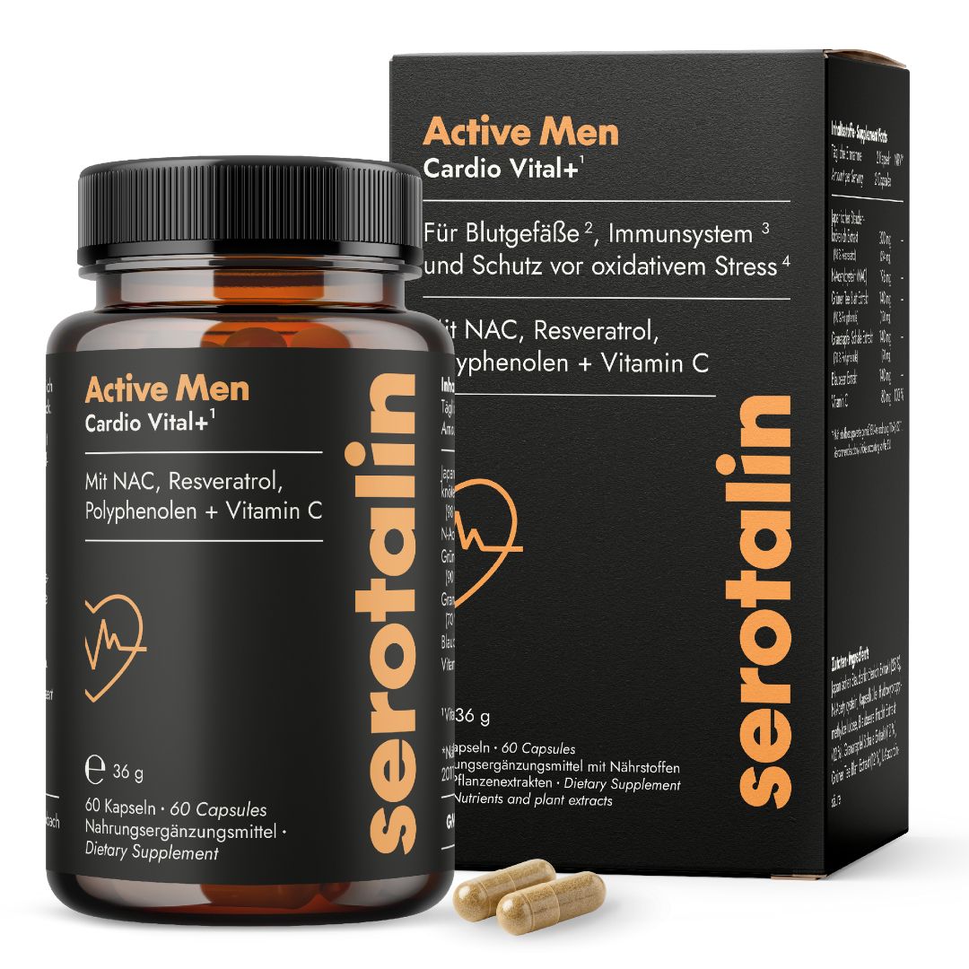 Braune Flasche und Schachtel. Text: Active Men Cardio Vital+. Mit NAC, Resveratrol, Polyphenolen + Vitamin C. 60 Kapseln.
