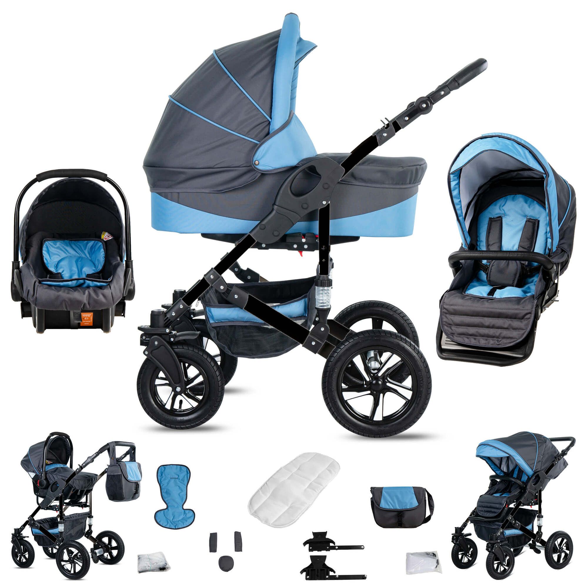 Friedrich Hugo Münster 3 in 1 Kinderwagen Set Luftreifen, Grey & Babyblue