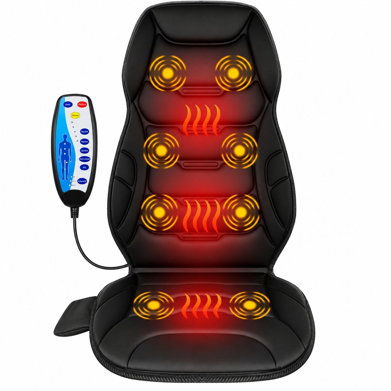 Mann benutzt ein Massagegerät mit 8 Motoren, das auf einem Stuhl liegt, und hält ein Smartphone.