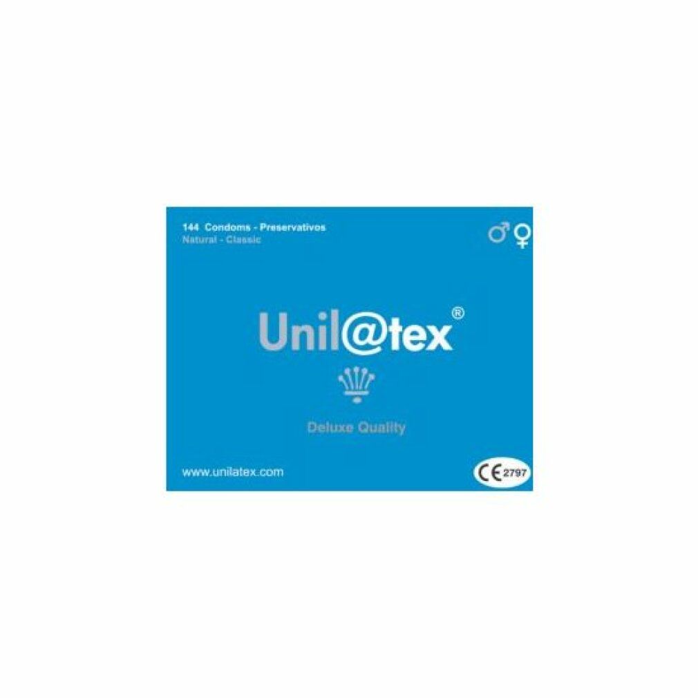 Blaue Verpackung von Unilatex. Aufschrift: 144 Kondome, Natural Classic, Deluxe Quality, CE-Kennzeichnung, Logo.