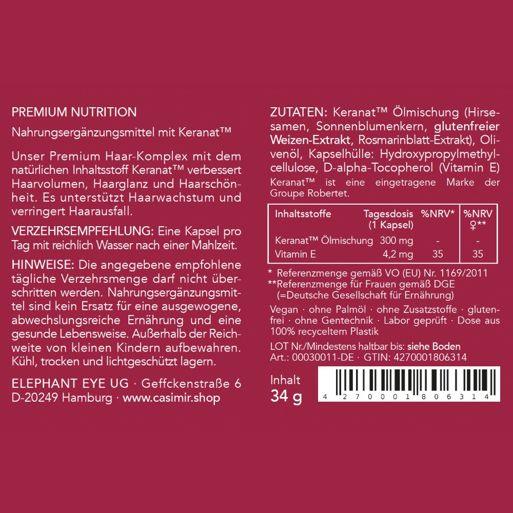 Rückseite der Produktverpackung mit Text. Enthält Informationen zu Inhaltsstoffen, Verzehrempfehlung und Hersteller.