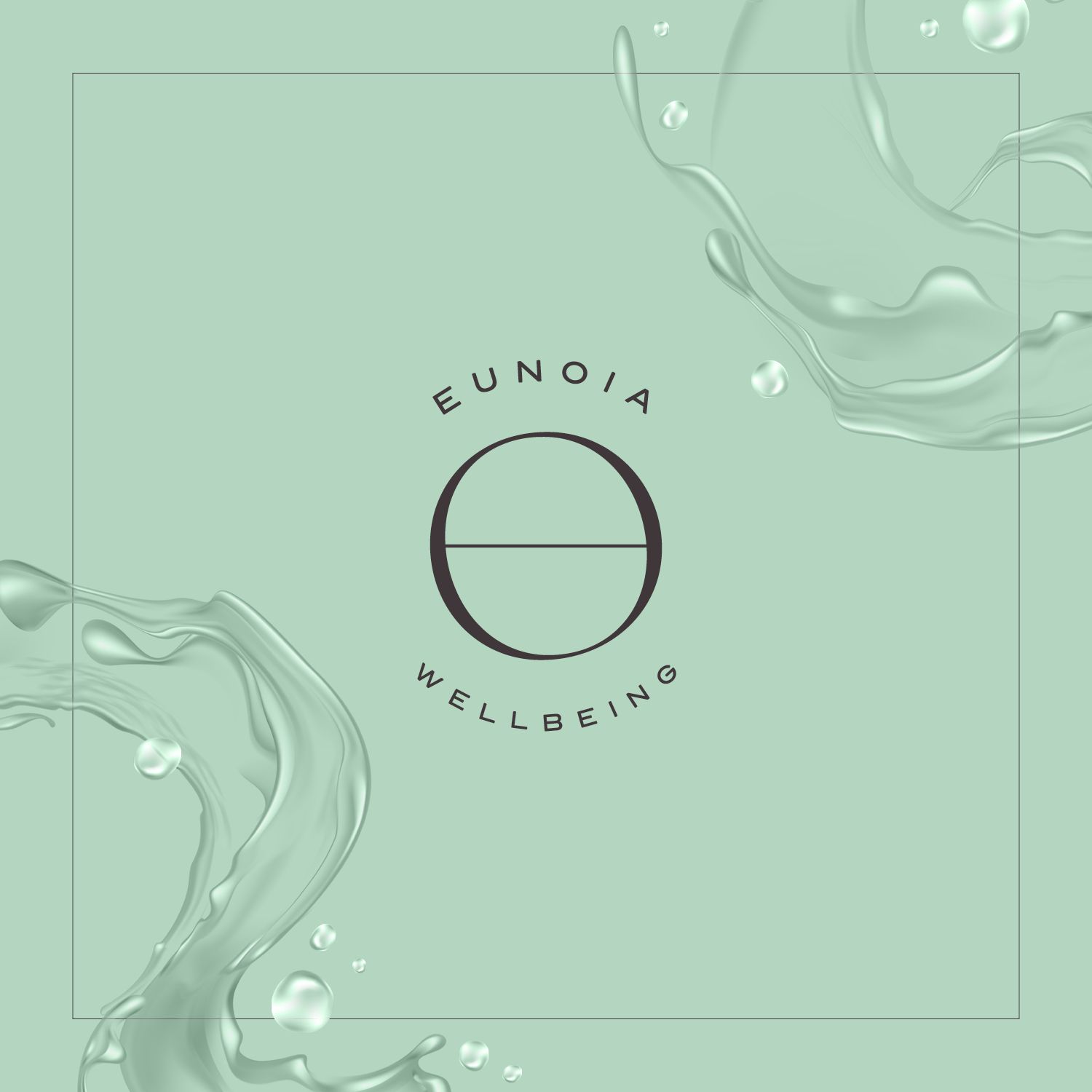Logo Eunoia Wellbeing auf mintfarbenem Hintergrund. Wasser spritzt.