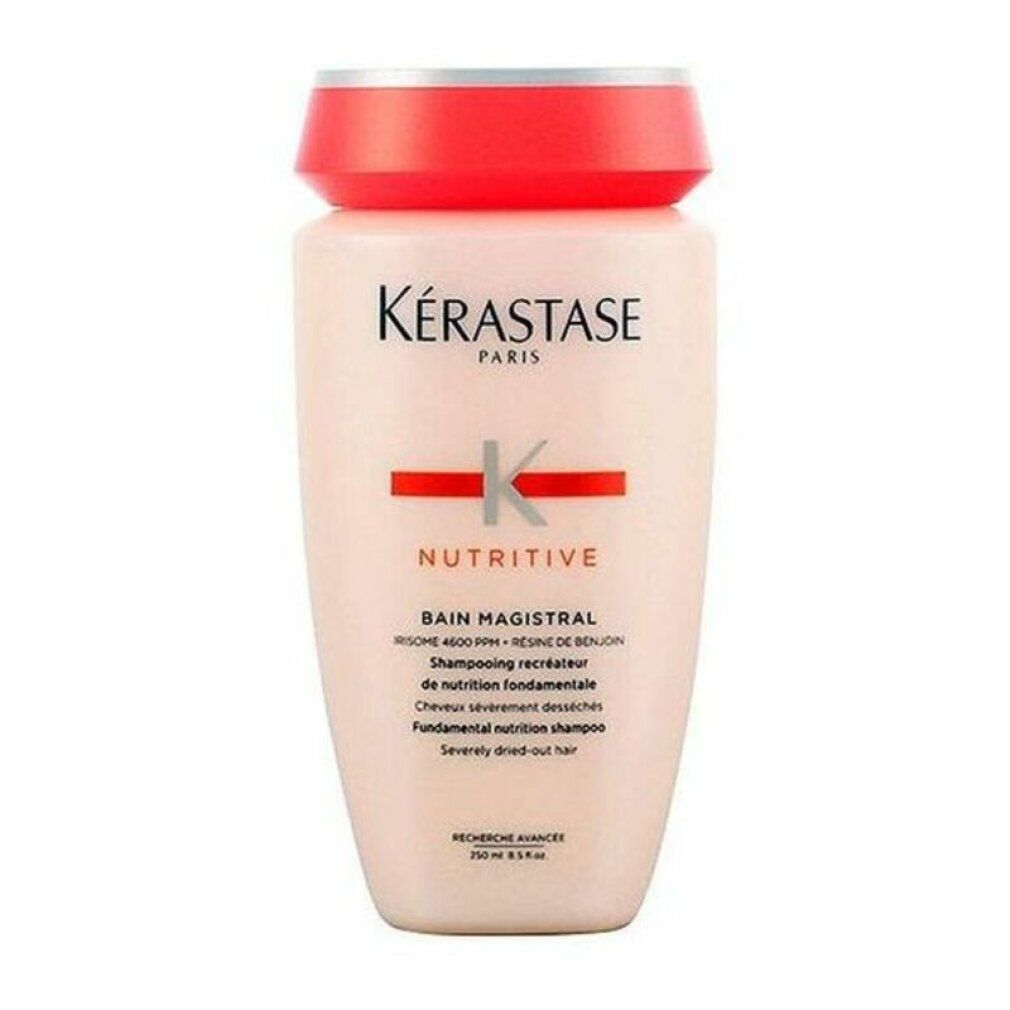 Kerastase Nutritive Bain Magistral Shampoo. Beige Flasche mit rotem Deckel. Produktname und Logo deutlich sichtbar.