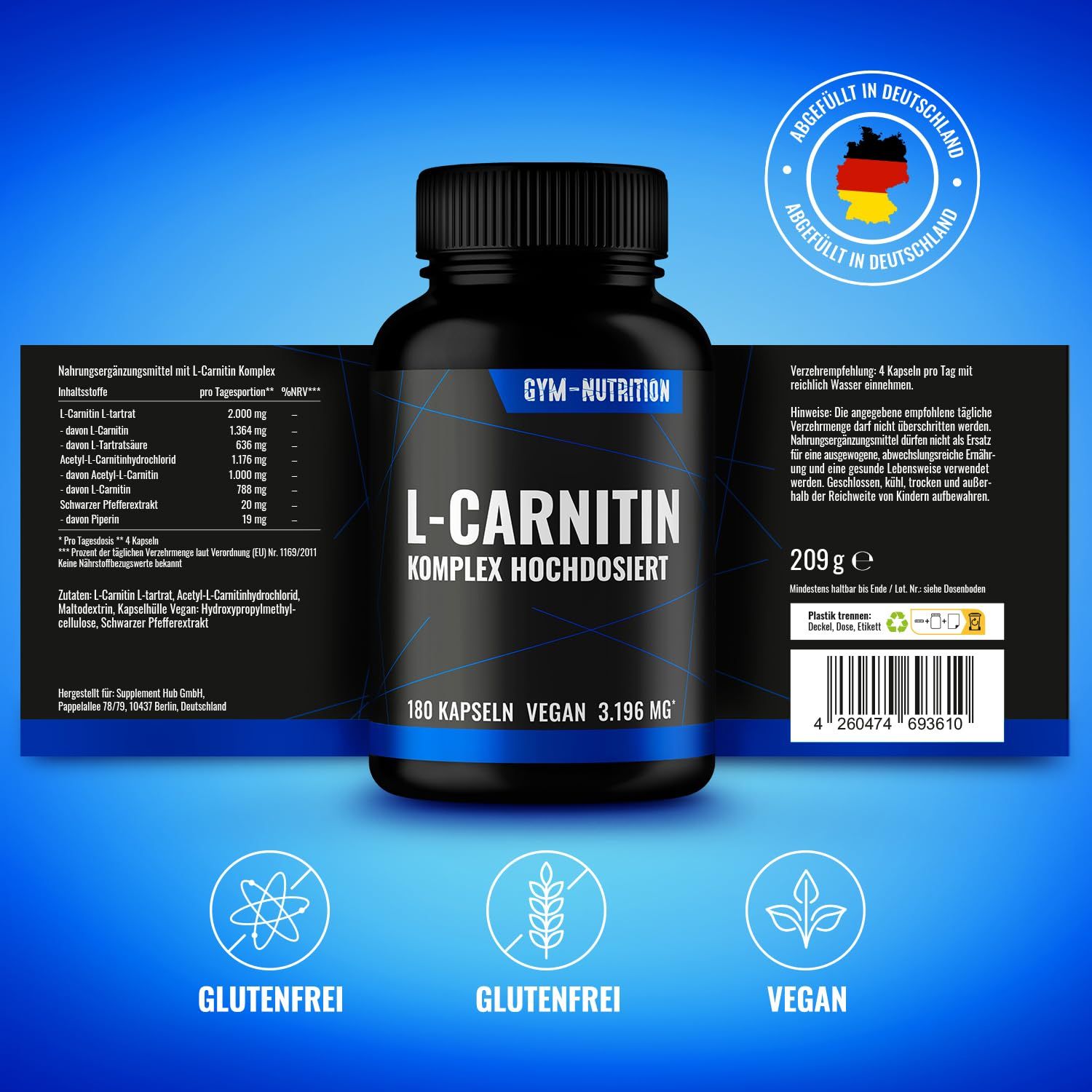 Dose L-Carnitin Kapseln, 180 Stück, vegan, 3.196 mg, mit Siegel 'Abgefüllt in Deutschland'.