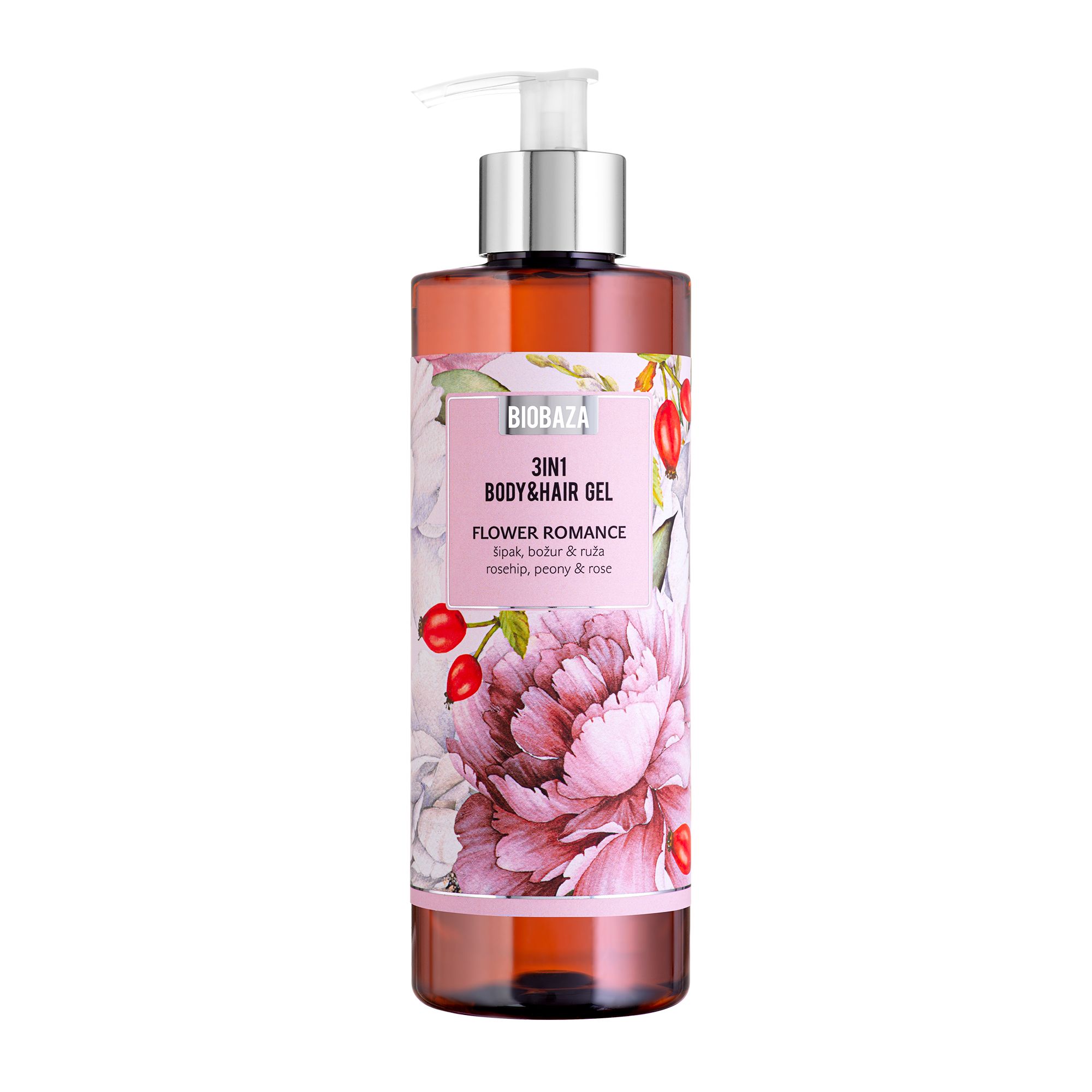 Braune Flasche mit Dosierpumpe. Aufkleber mit Text: Biobaza 3in1 Body&Hair Gel Flower Romance. Abbildung einer Blüte.