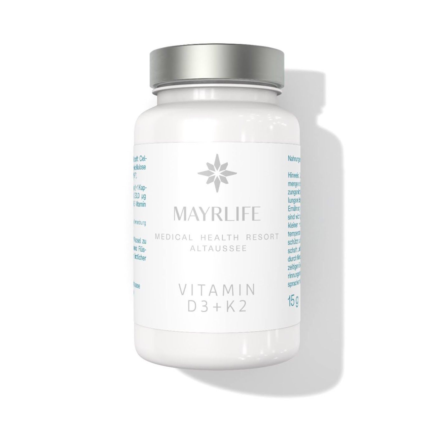 Weiße Flasche mit silbernem Deckel. Aufschrift MAYRLIFE, Vitamin D3+K2. 15g. Medizinischer Gesundheitsort Altaussee.