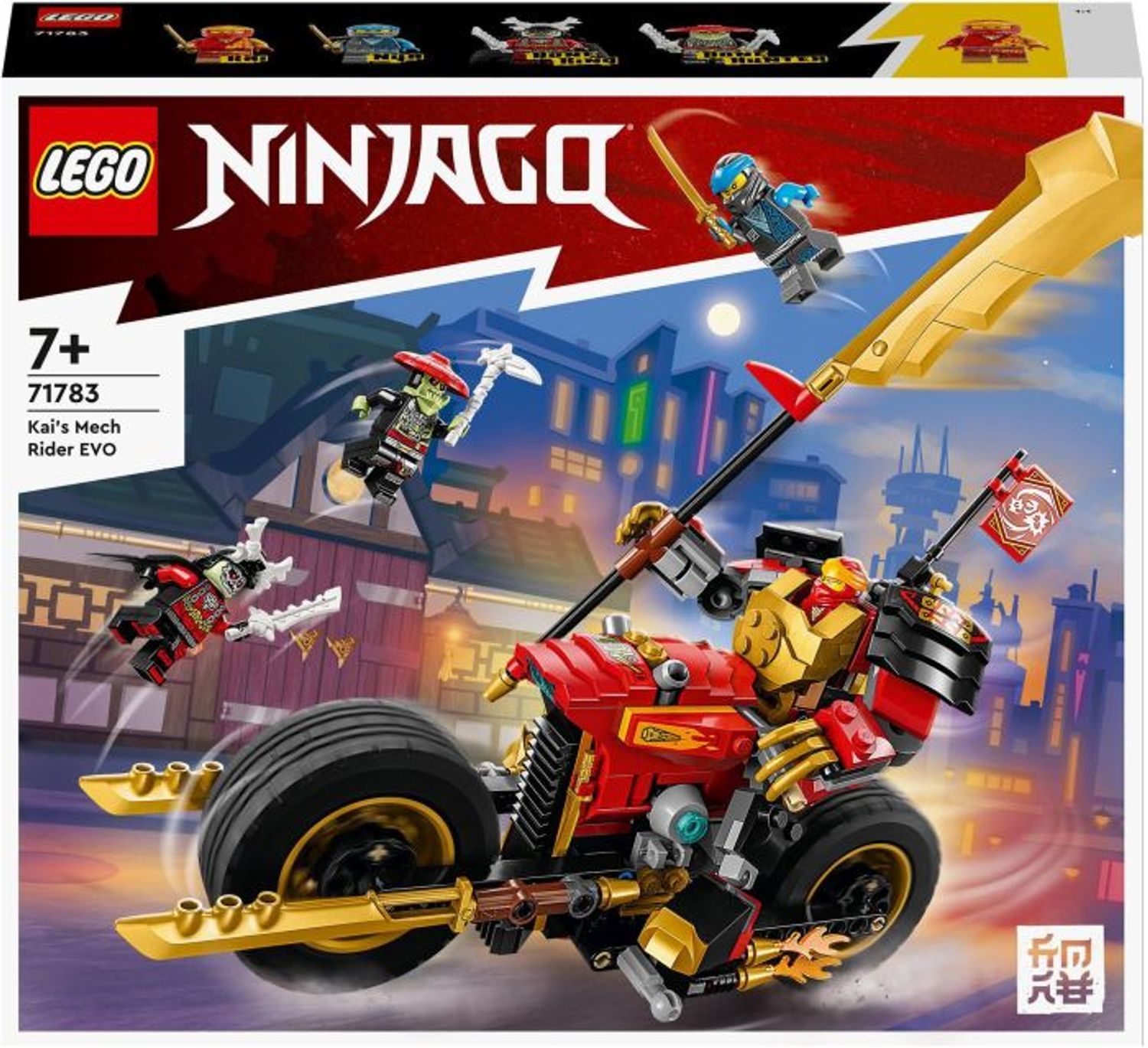LEGO Ninjago 71783 Kais Mech-Bike EVO. Verpackung mit Mech-Bike und Figuren. Rotes und goldenes Bike mit großem Rad und Schwert. Figuren fliegen.