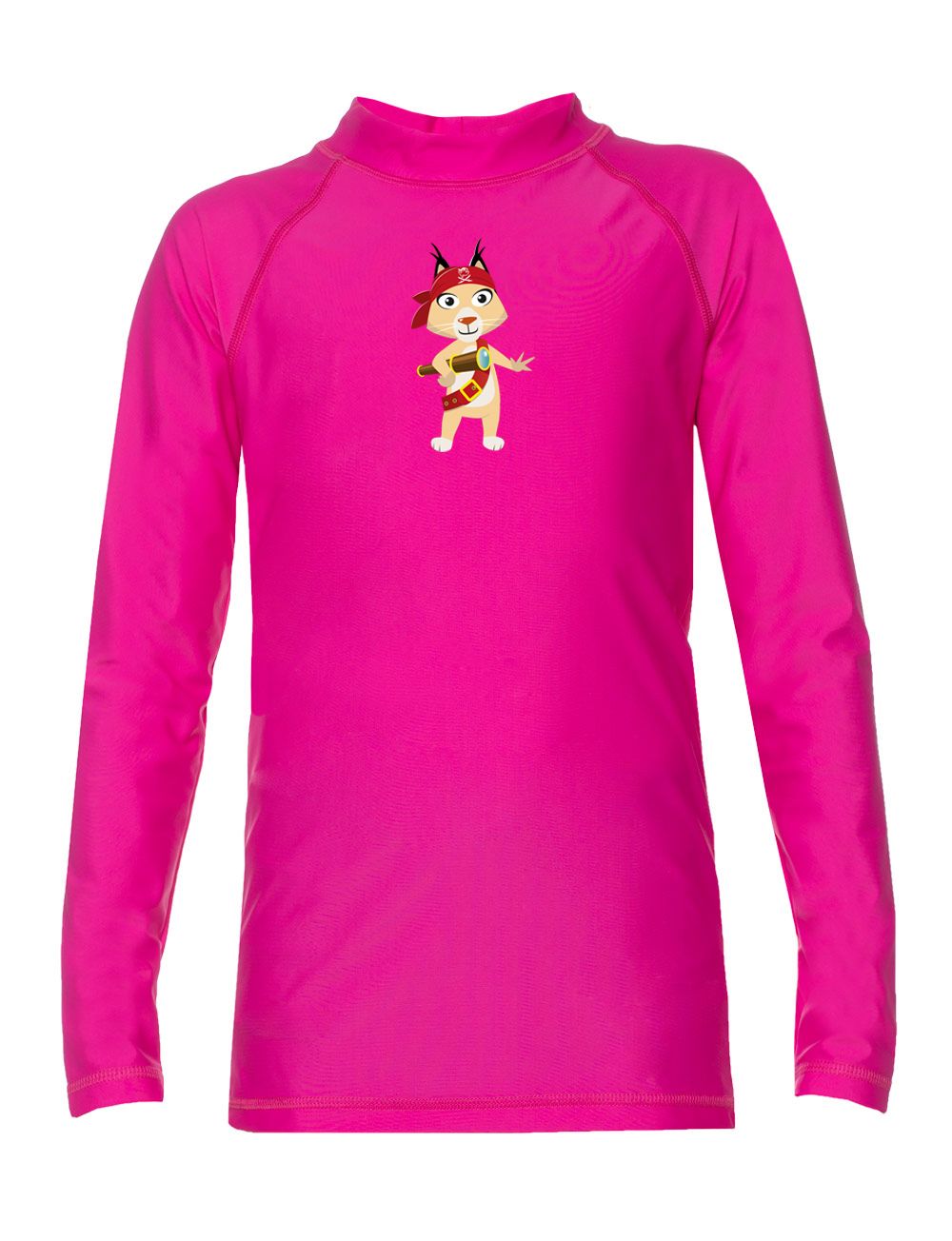 Langärmeliges, pinkfarbenes Shirt mit Stehkragen. Auf der Brust ist ein Cartoon-Motiv abgebildet.