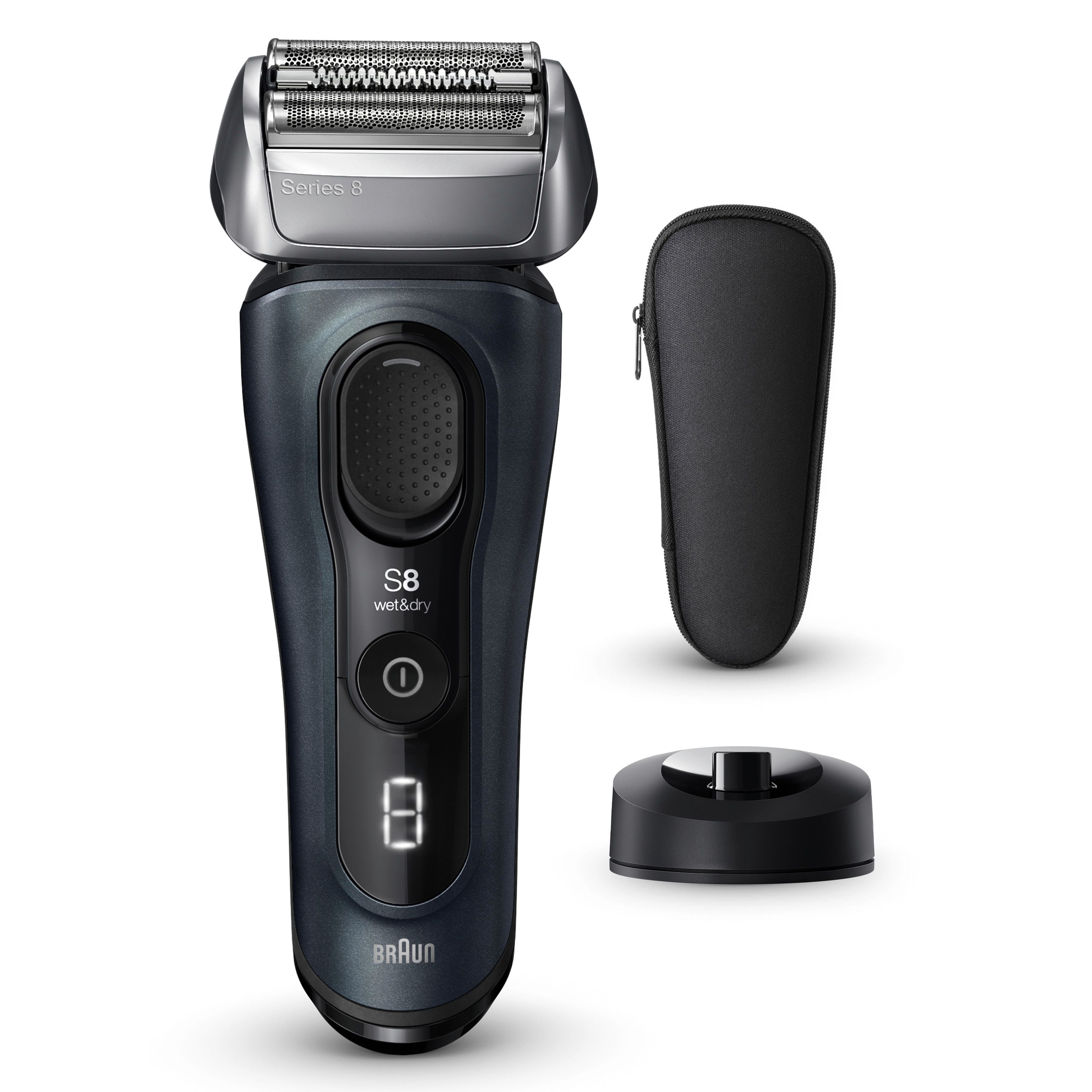 Elektrorasierer Braun Series 8, grau. Mit Ladestation und Etui. Auf dem Rasierer ist die Anzeige "8" sichtbar.