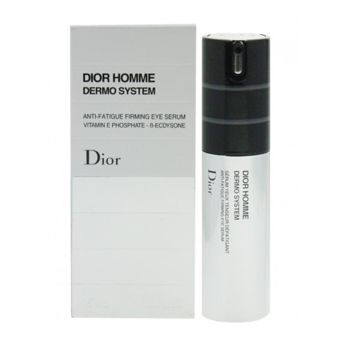 Serumflasche und Verpackung. Aufschrift: Dior Homme Dermo System. Text in Französisch und Englisch. Weiß und Schwarz.