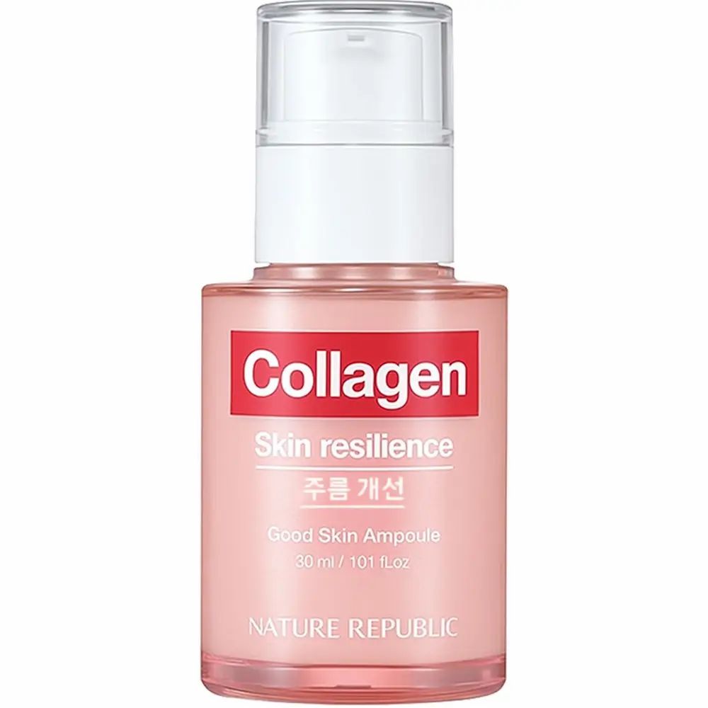Rosa Serumflasche mit weißem Pumpverschluss. Roter Aufkleber mit "Collagen" und "Skin resilience". Marke: NATURE REPUBLIC.
