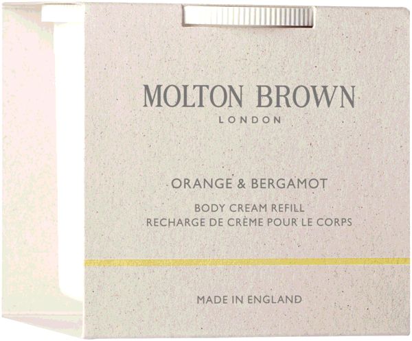 Körpercreme Nachfüllpackung in Karton. Marke Molton Brown, Schriftzug Orange & Bergamot. Gelber Streifen.