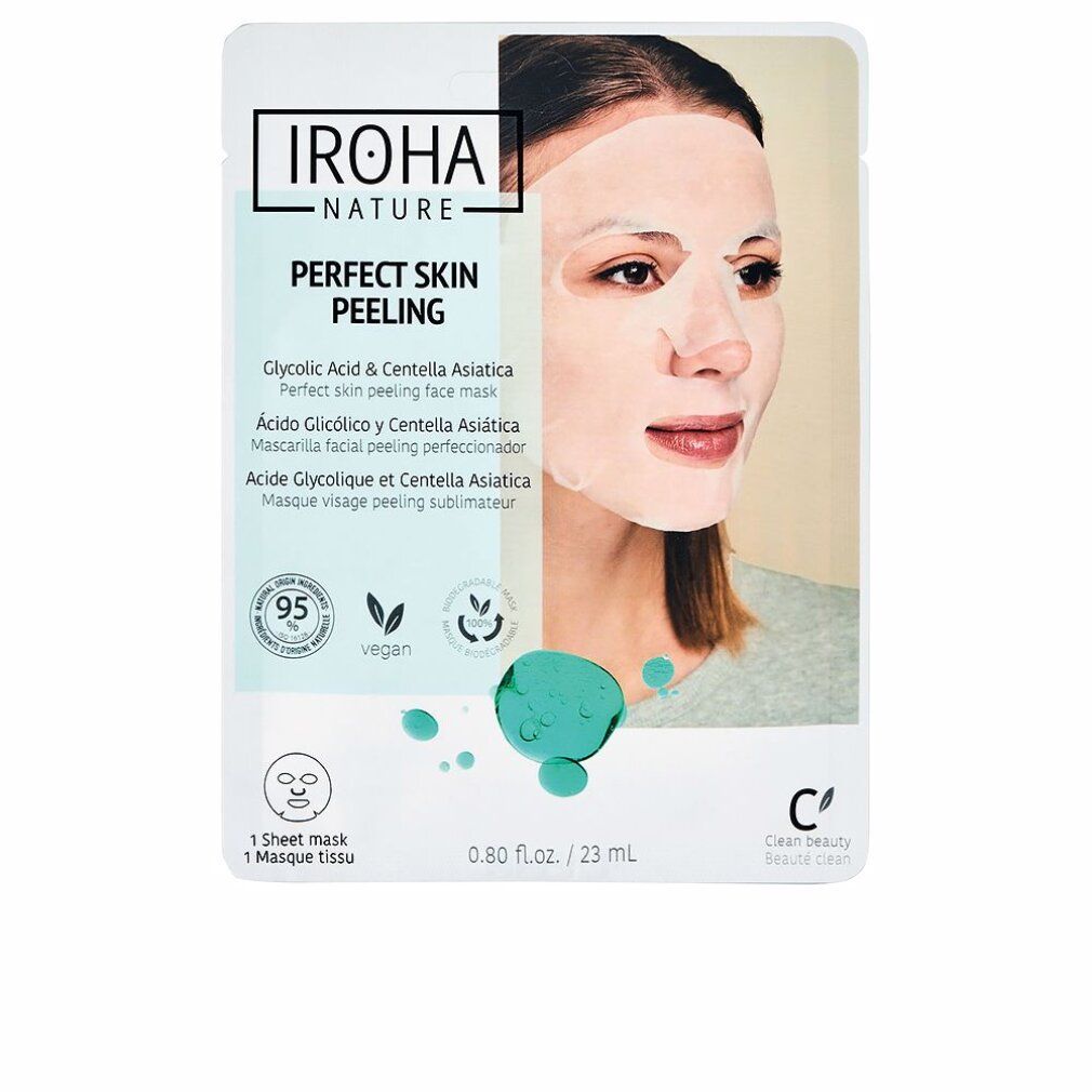 Gesichtsmaske auf Verpackung. Marke Iroha Nature. Text: Perfect Skin Peeling, Glykolsäure & Centella Asiatica. Vegan.