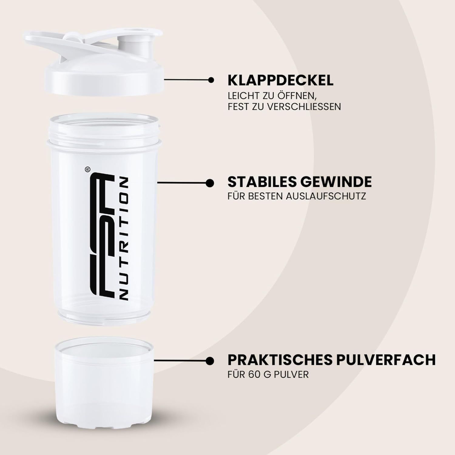 Protein Shaker mit Pulverfach, weiß. Klappdeckel, stabiles Gewinde, Pulverfach. FSA NUTRITION Logo.